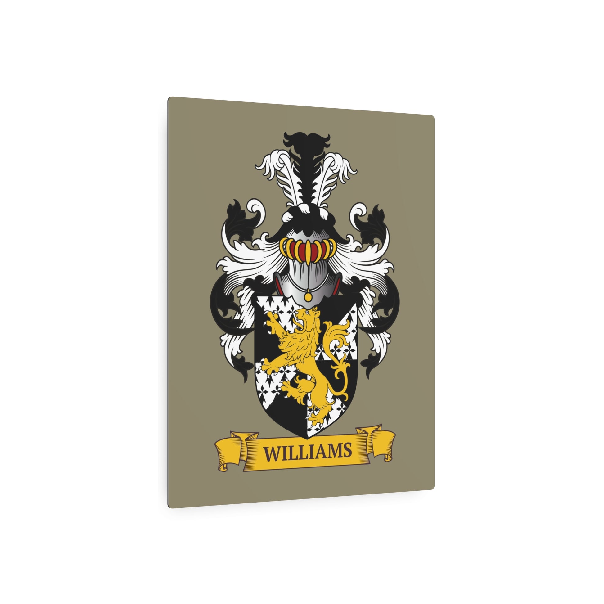 Personalized beige metal print of a family crest on a white background