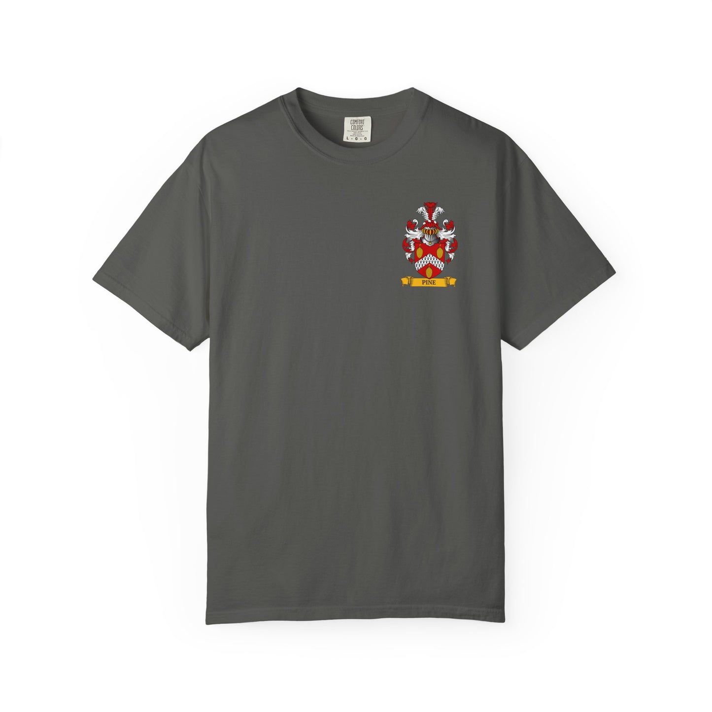 Garment-Dyed Gray t-shirt with a heritage crest on a white background