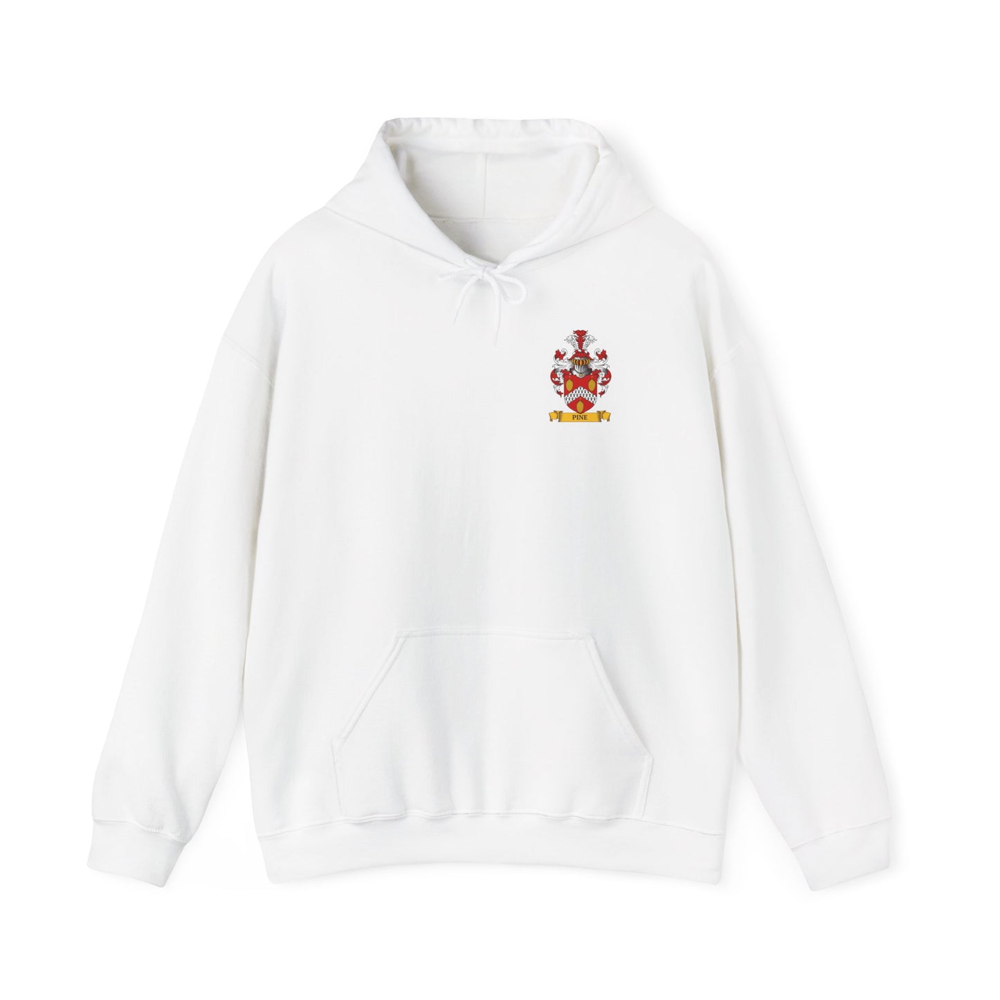 White hoodie with a personalized family crest on a white background