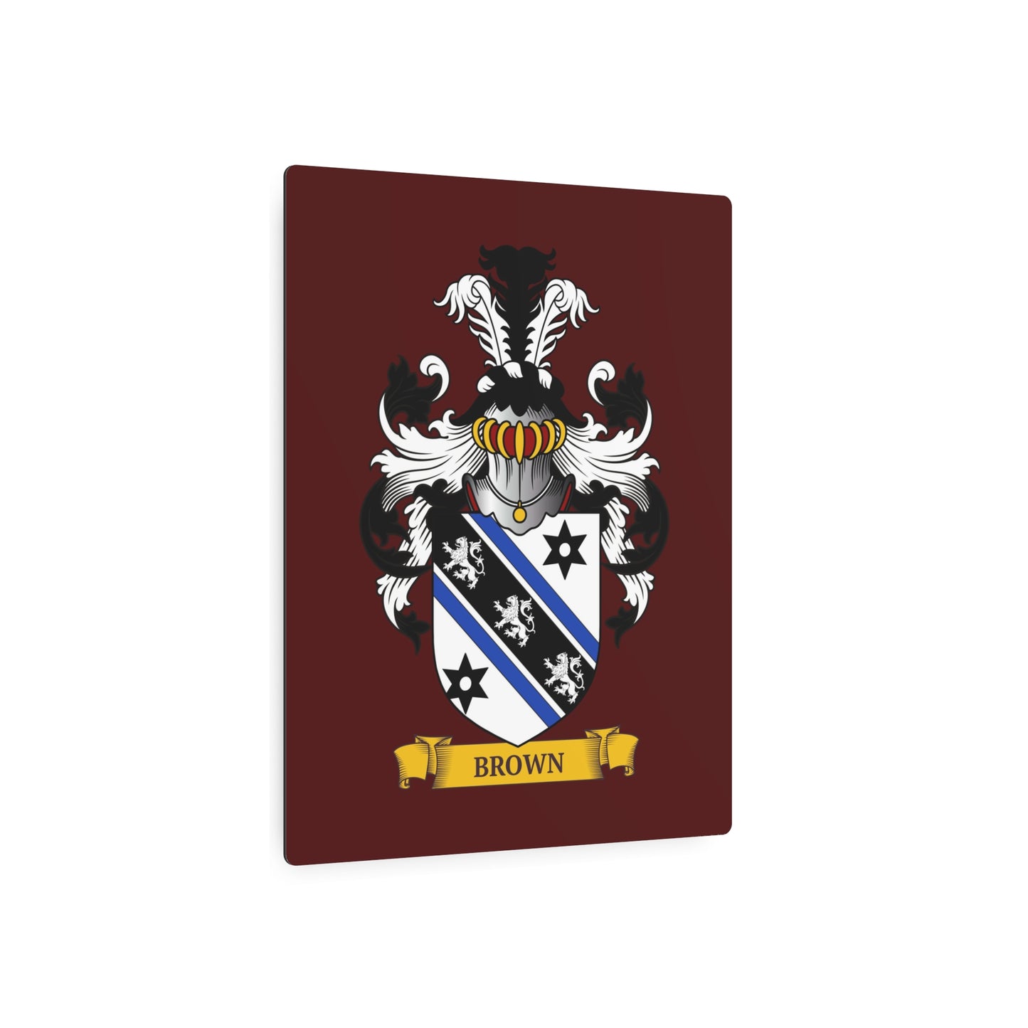 Angled view of a personalized burgundy color metal print on a white background
