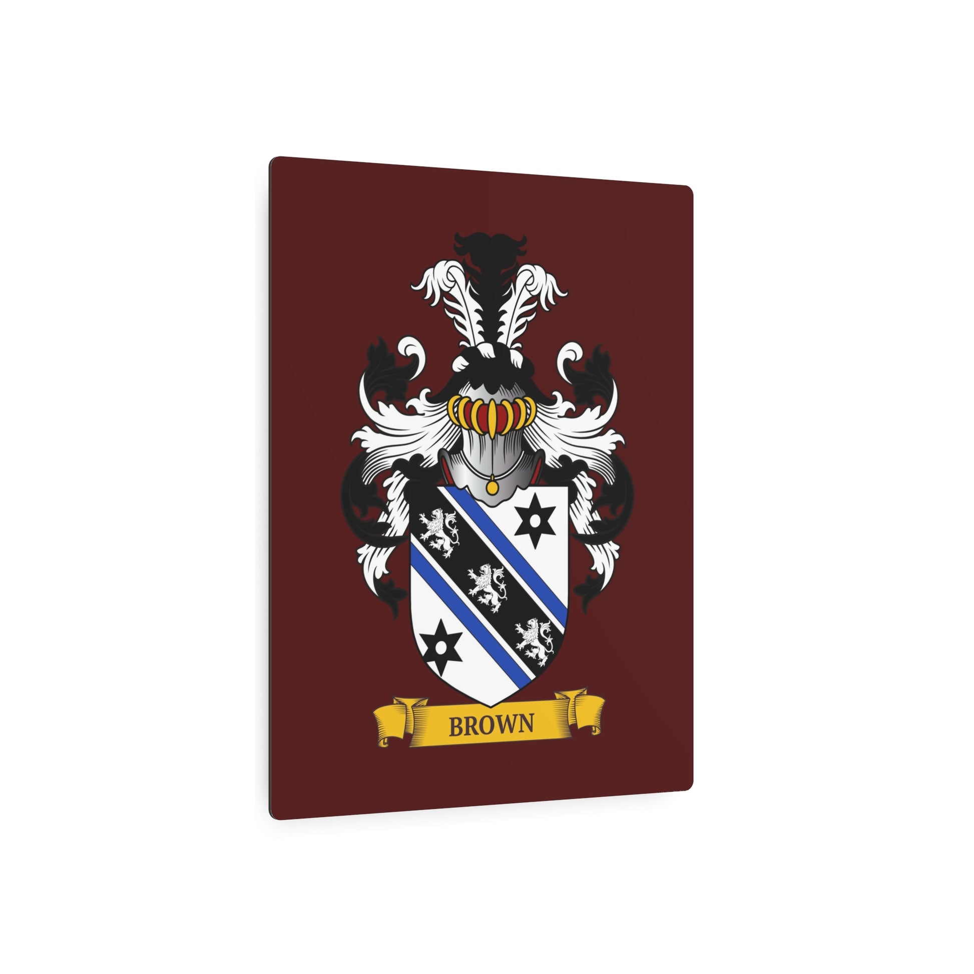 Angled view of a personalized burgundy color metal print on a white background