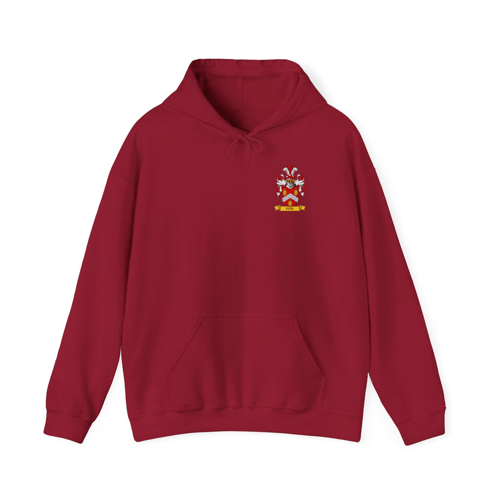 Red hoodie with a personalized family crest on a white background