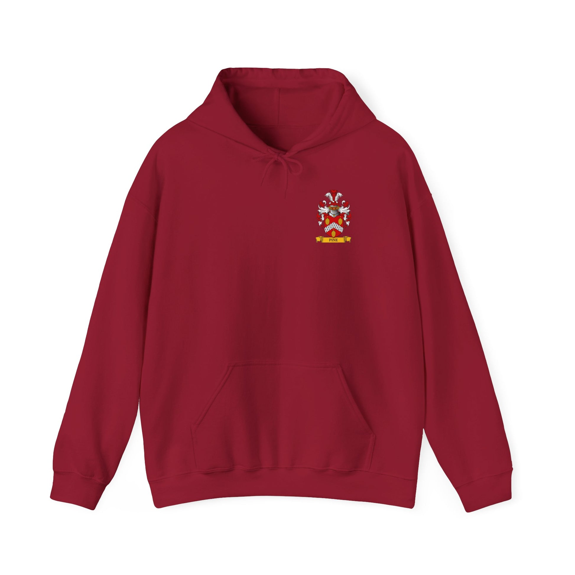 Red hoodie with a personalized family crest on a white background