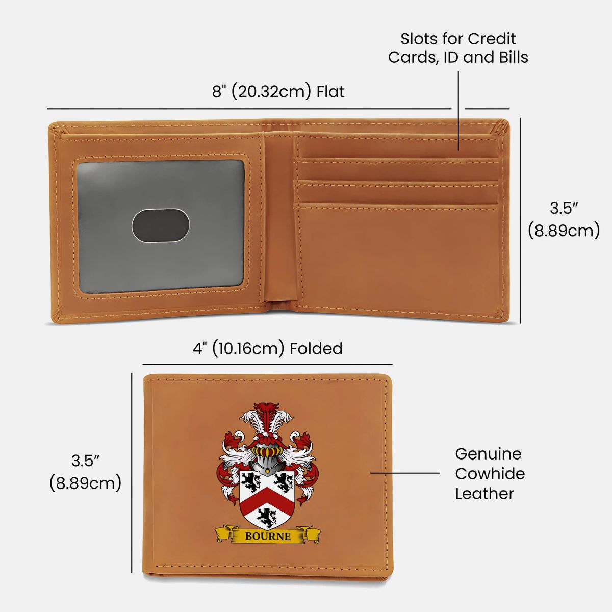 Brown leather wallet with crest design, labeled dimensions, and material information on a white background.