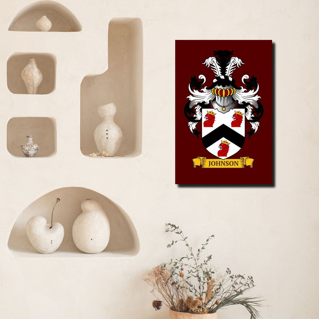 Personalized burgundy metal print of a family crest, on a wall with decorative elements