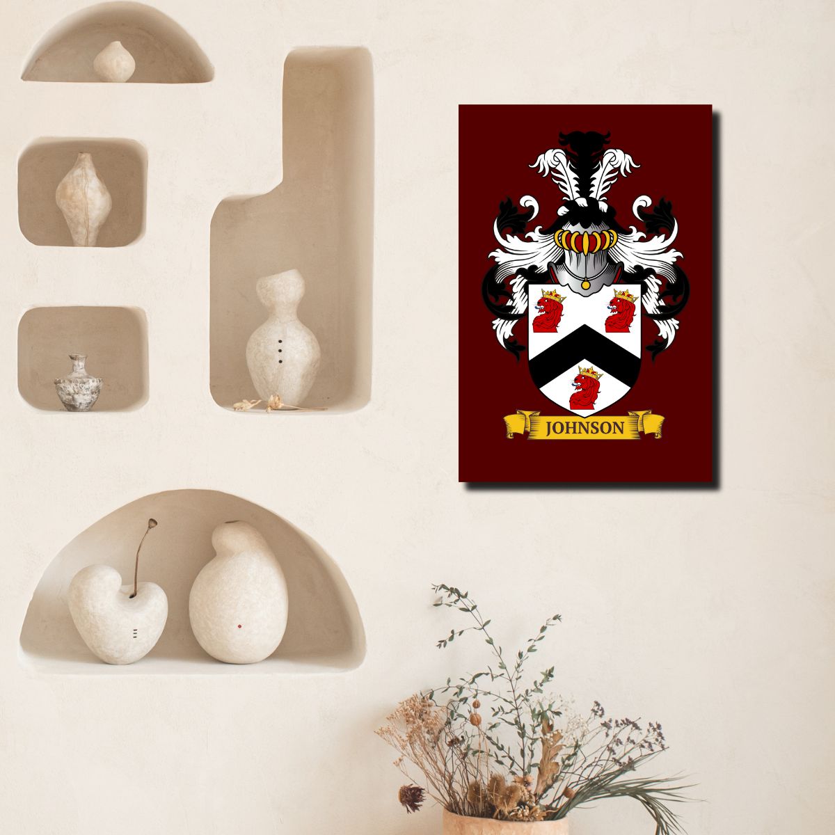 Personalized burgundy metal print of a family crest, on a wall with decorative elements