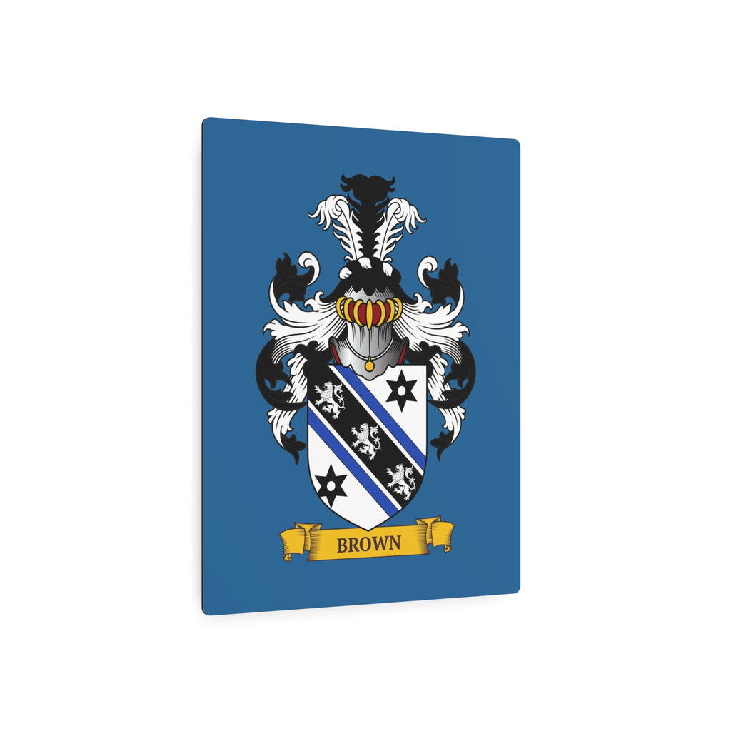 Personalized blue metal print with a Family Crest on a white background