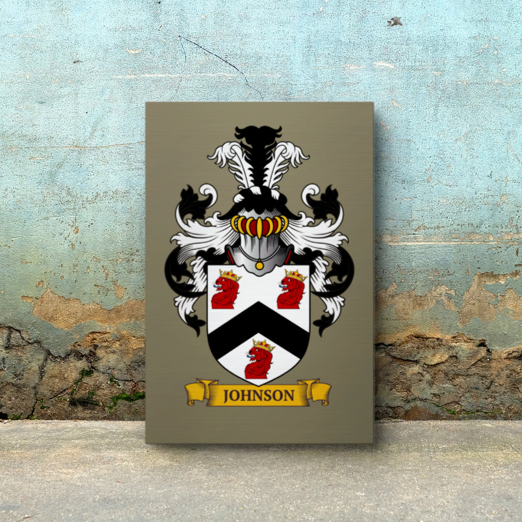 Personalized beige metal print of a family crest, against a textured wall background.