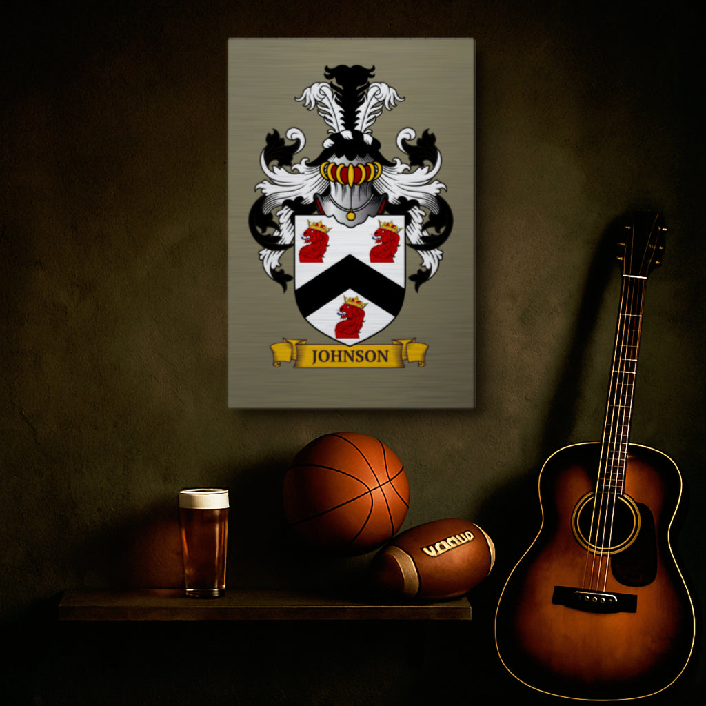 Personalized beige metal print of a family crest on a man-cave wall above sports balls and a guitar