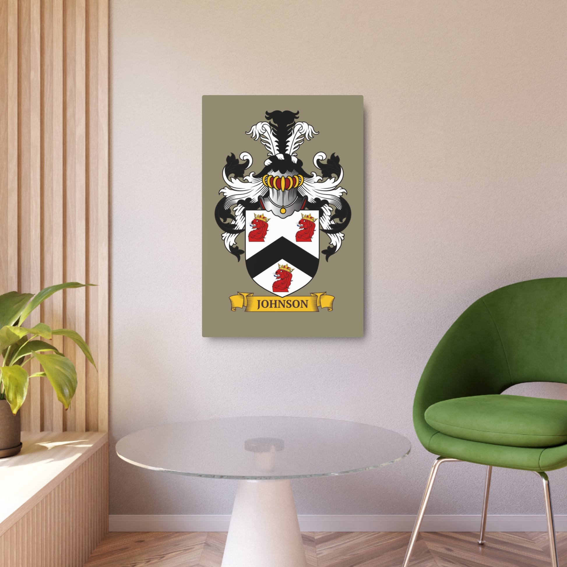 Beige metal print of a family crest, on a wall in a modern room with a chair and plant.