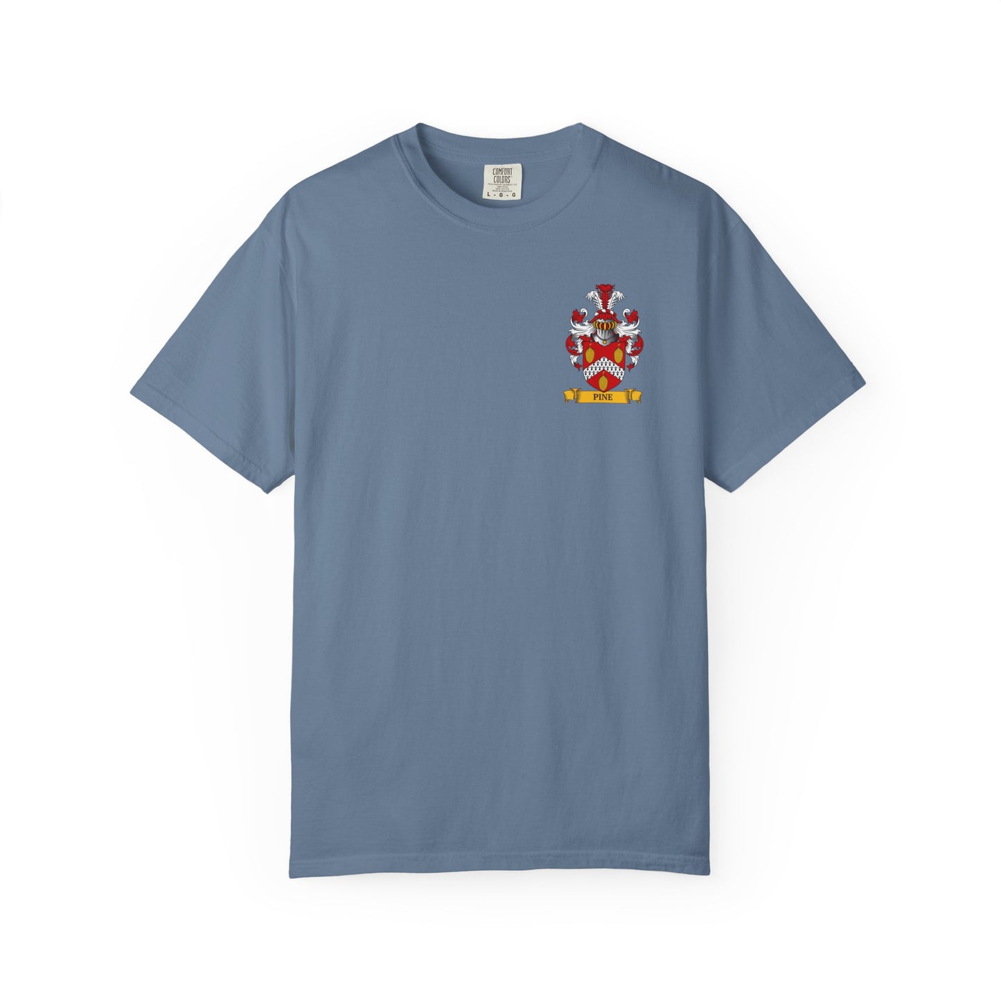 Garment-Dyed Blue t-shirt with a customized family crest on a white background