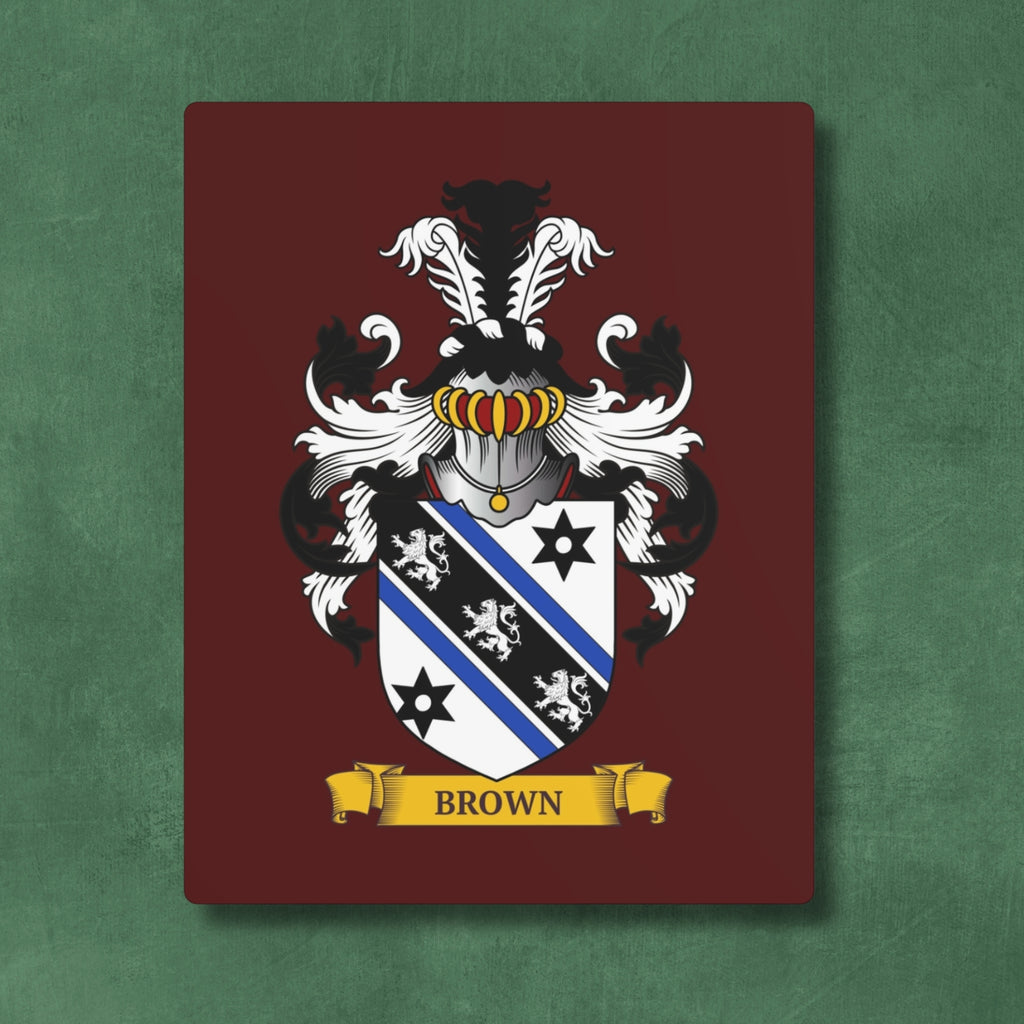 Personalized burgundy color metal print with Family crest on it.