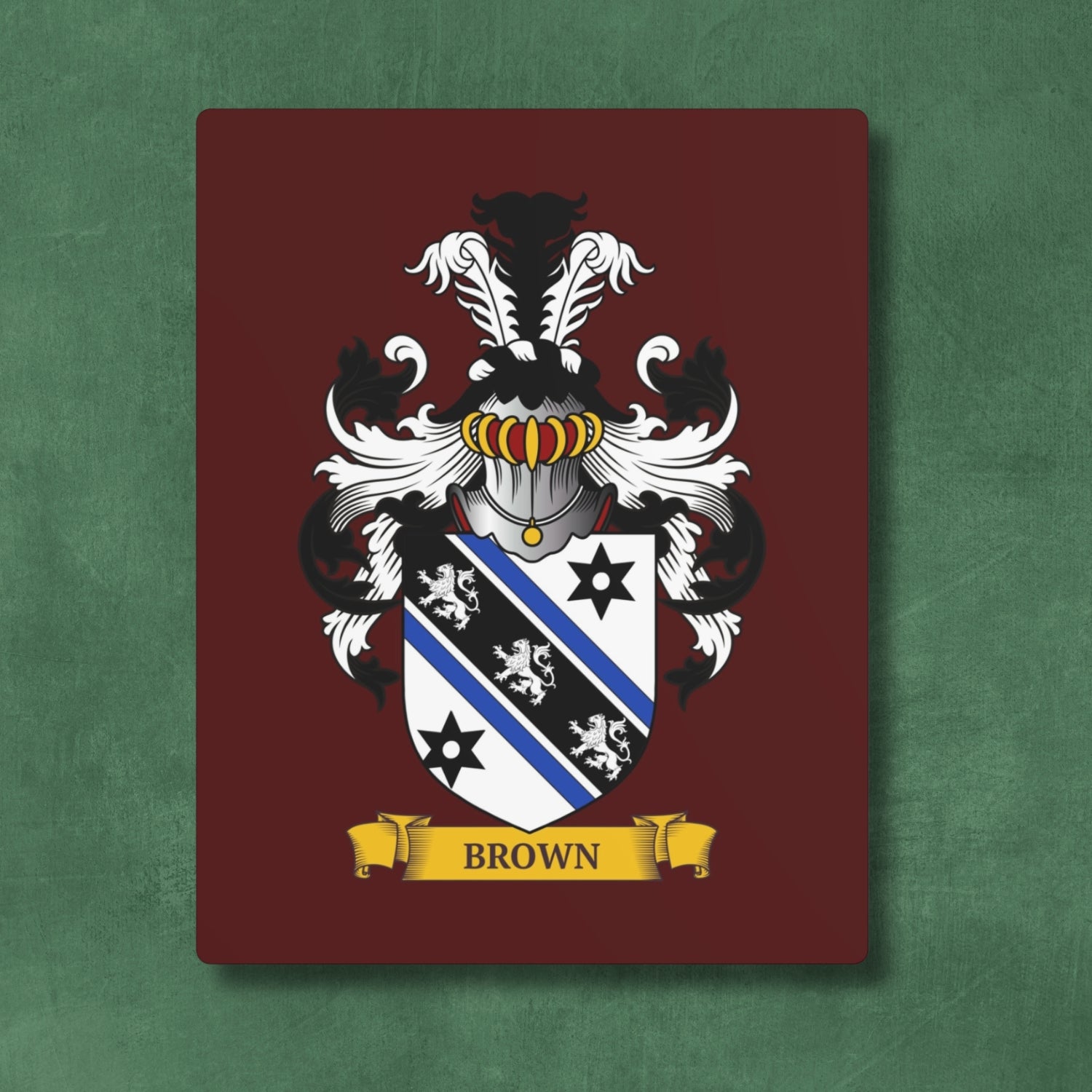 Personalized burgundy color metal print with Family crest on it.