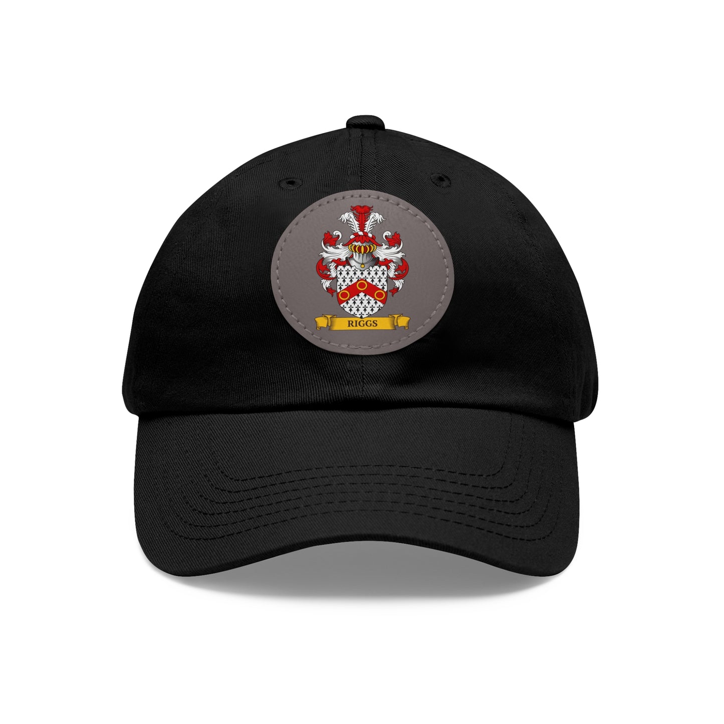 Personalized black cap with a circular emblem featuring a coat of arms on a white background