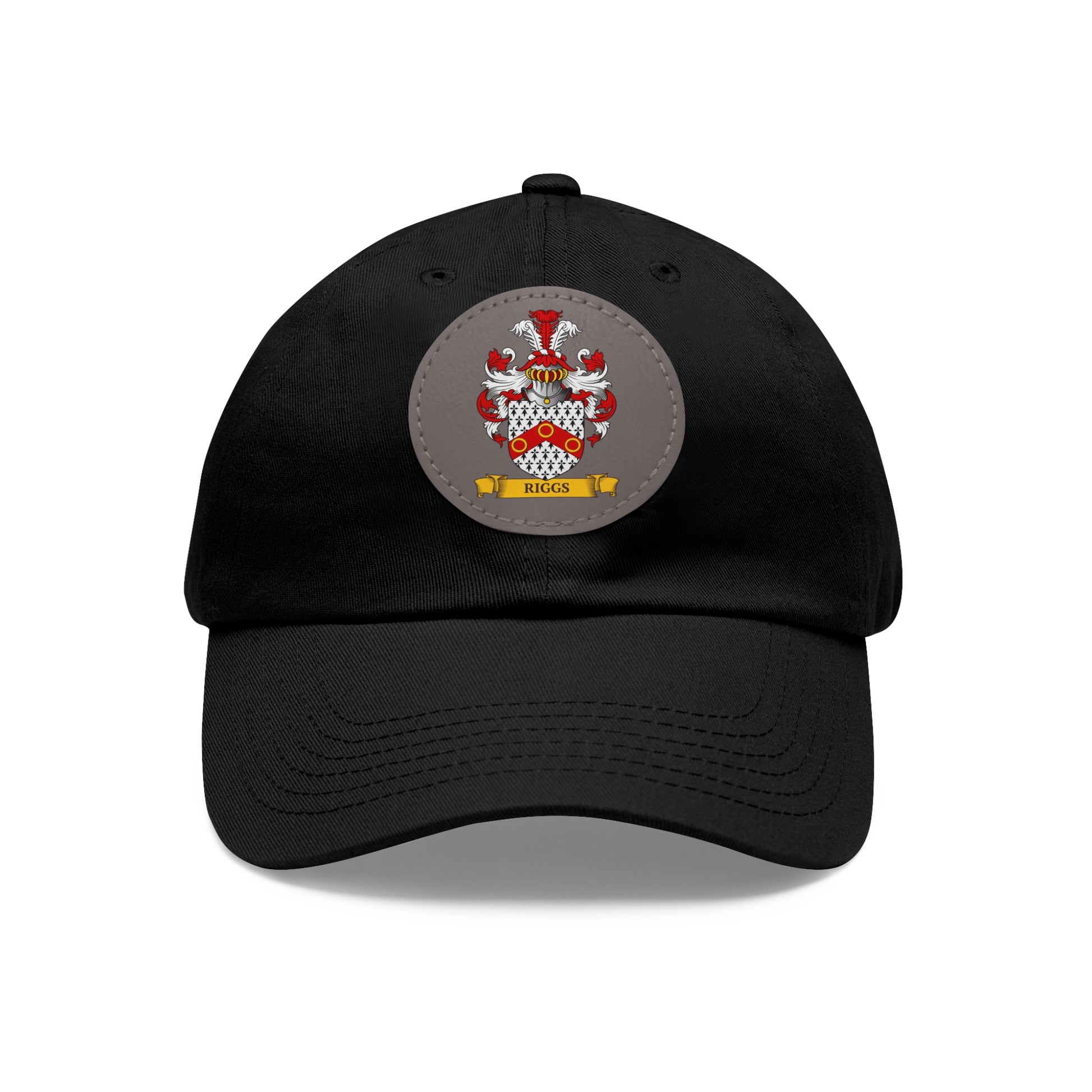 Personalized black cap with a circular emblem featuring a coat of arms on a white background