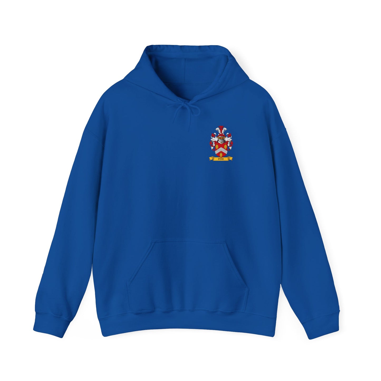 Blue hoodie with a personalized family crest on a white background