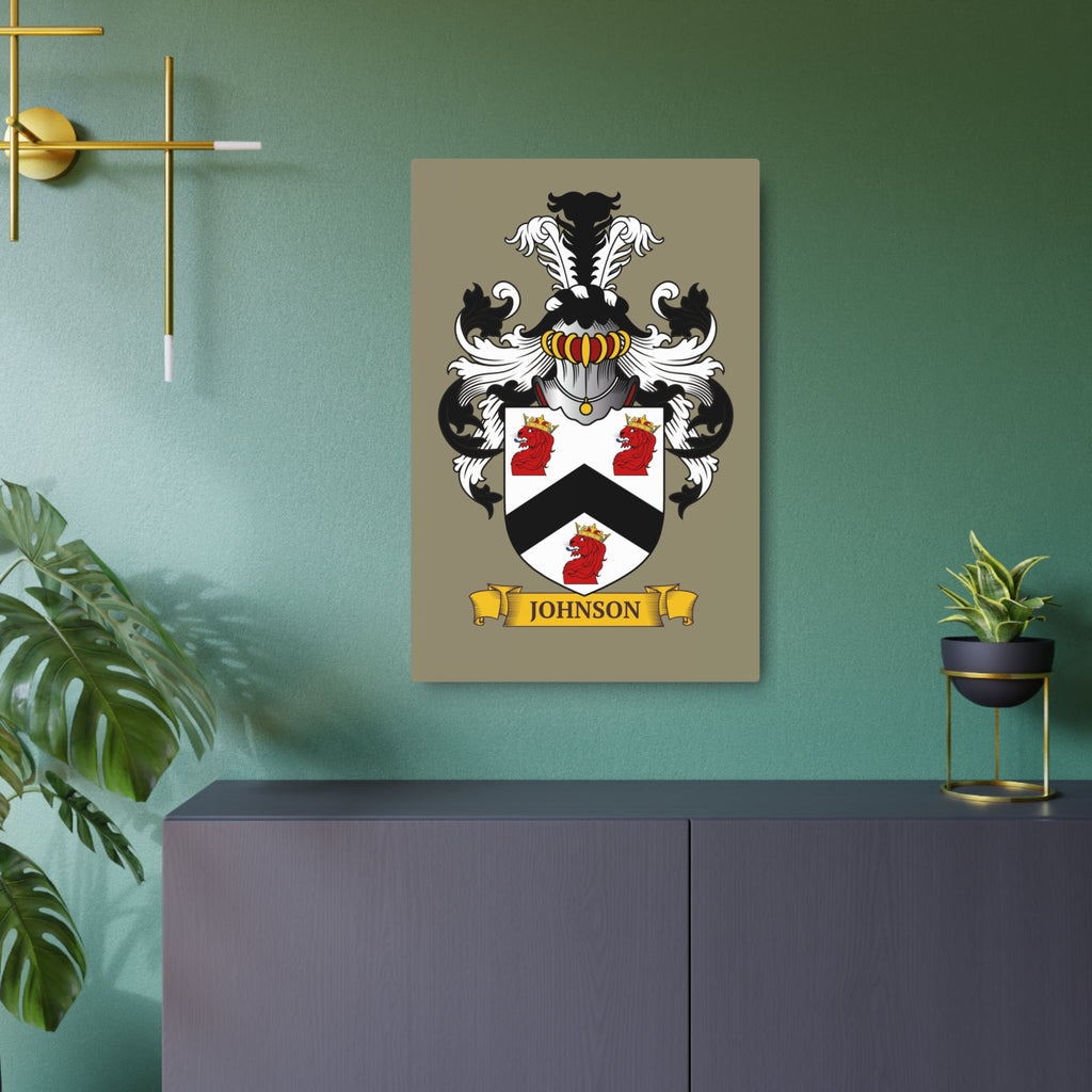 Beige metal print of a family crest, displayed on a green wall above a dark cabinet.