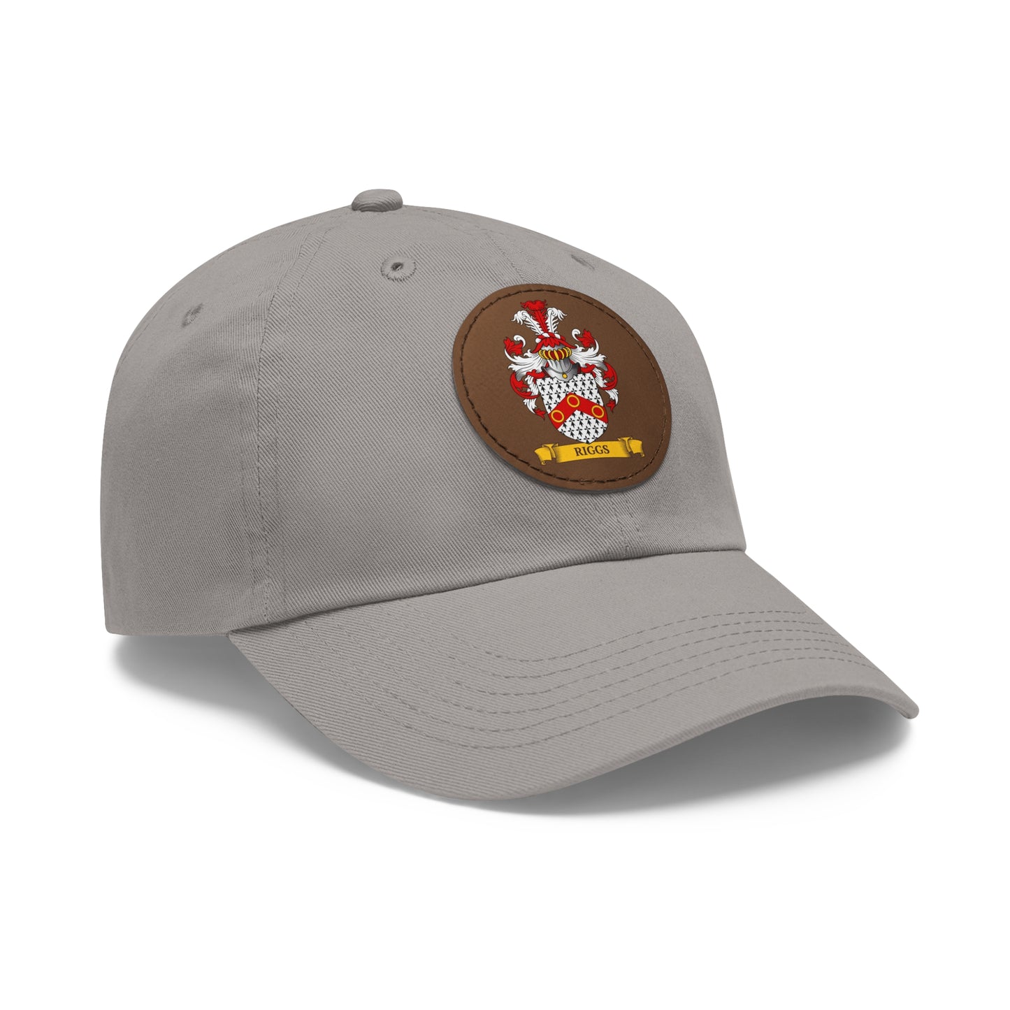 Gray dad hat with a brown patch featuring a coat of arms on a white background