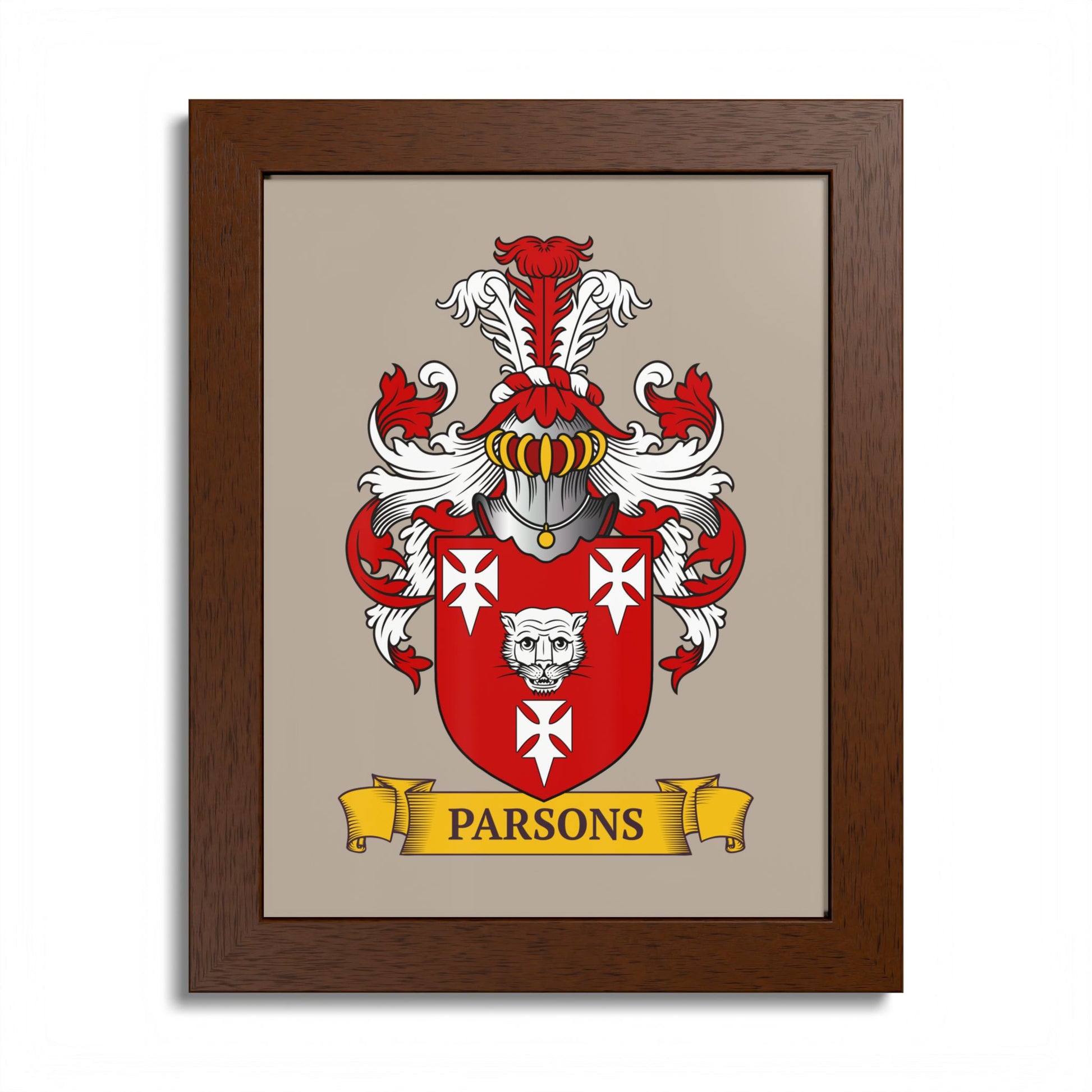 Personalized framed family crest print  on a beige background