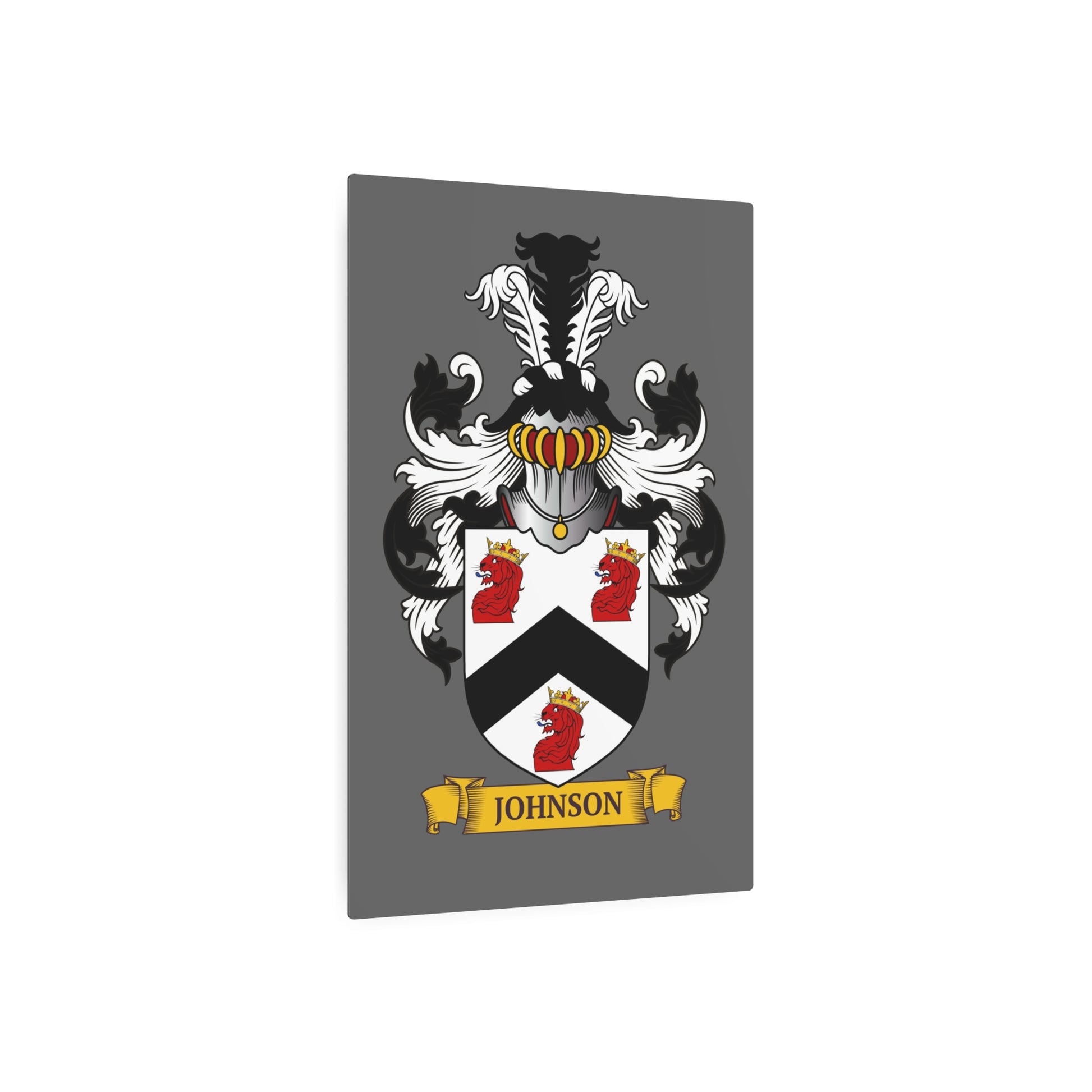 Customized gray metal print of a family crest, on a white background