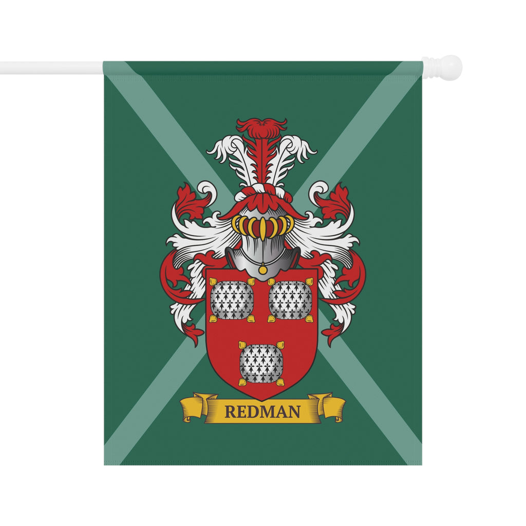 Green garden Flag with a red and white coat of arms on a white background