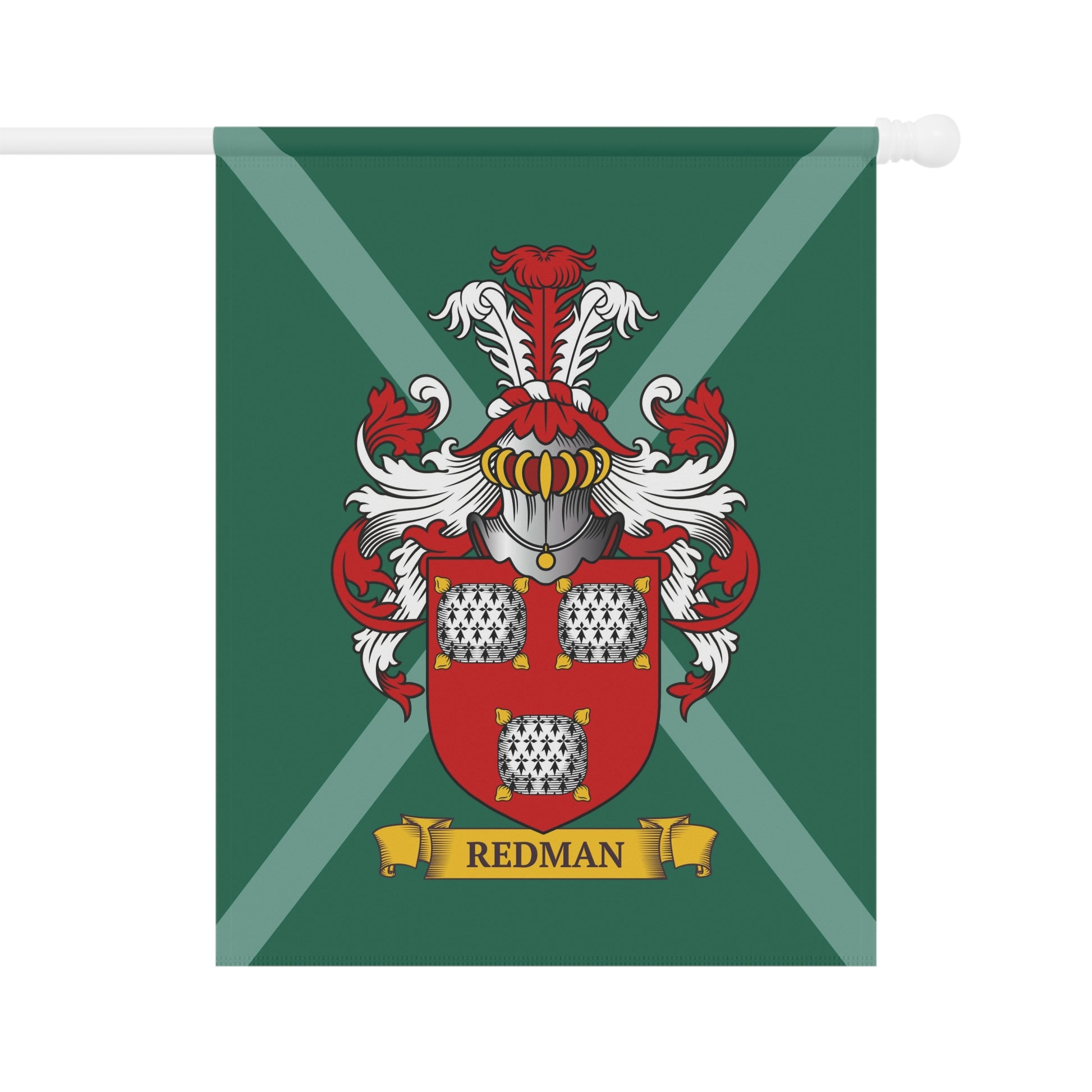 Green garden Flag with a red and white coat of arms on a white background