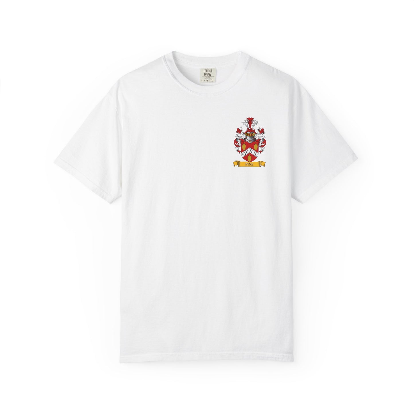 White t-shirt with a customized family crest design on a white background