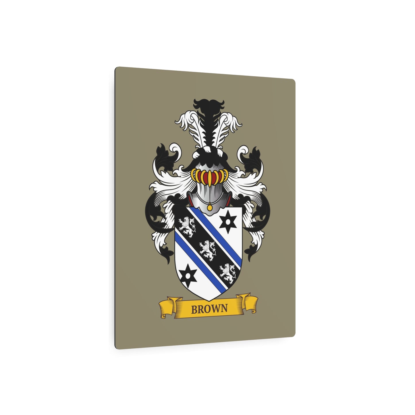 Personalized beige metal print with a Family crest with lion emblem on a white background