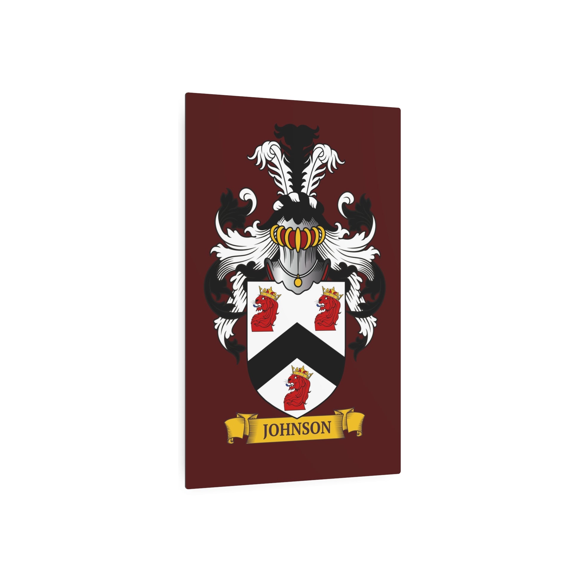 Personalized burgundy metal print of a family crest, on a white background