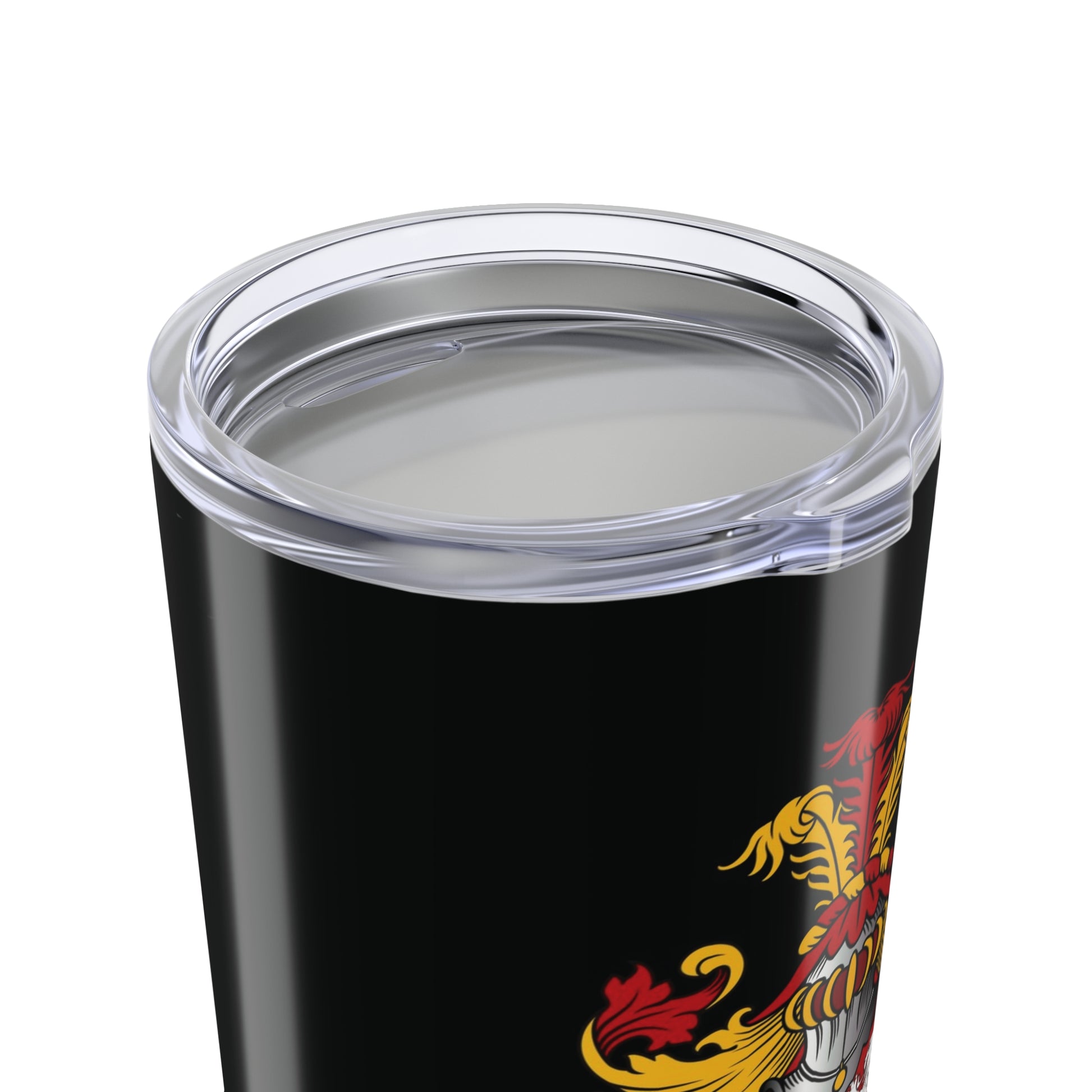 Black stainless steel tumbler with a red and yellow family crest
