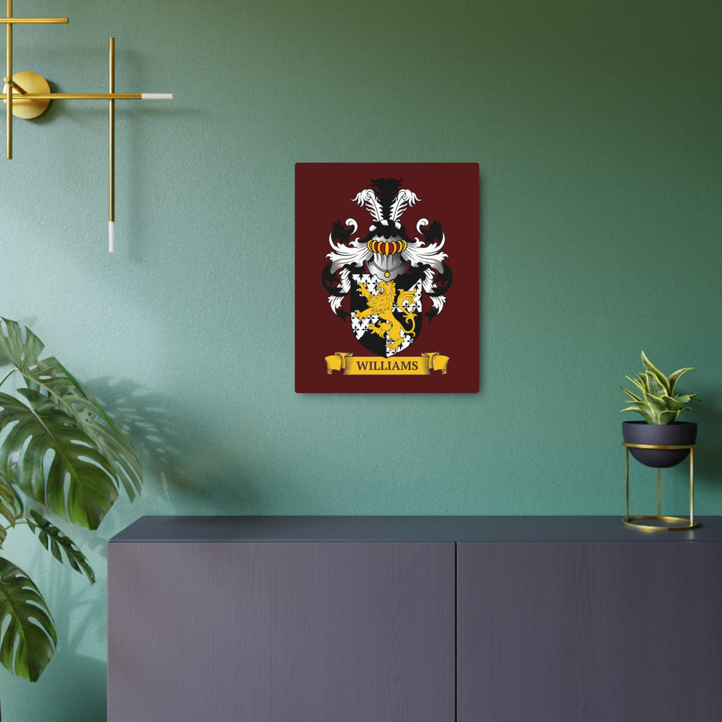 Burgundy color family crest metal print, displayed on a green wall above a dark cabinet.
