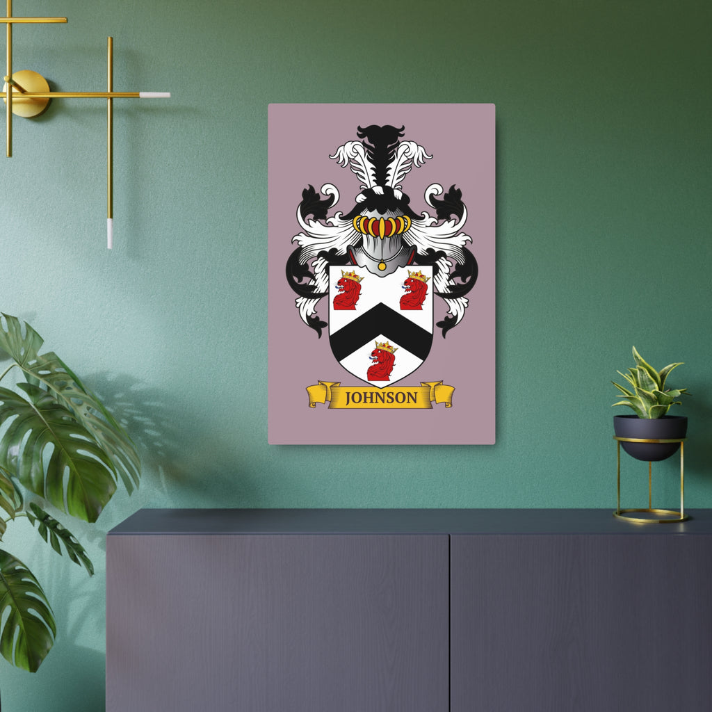 Mauve metal print of a family crest, displayed on a green wall above a dark cabinet.