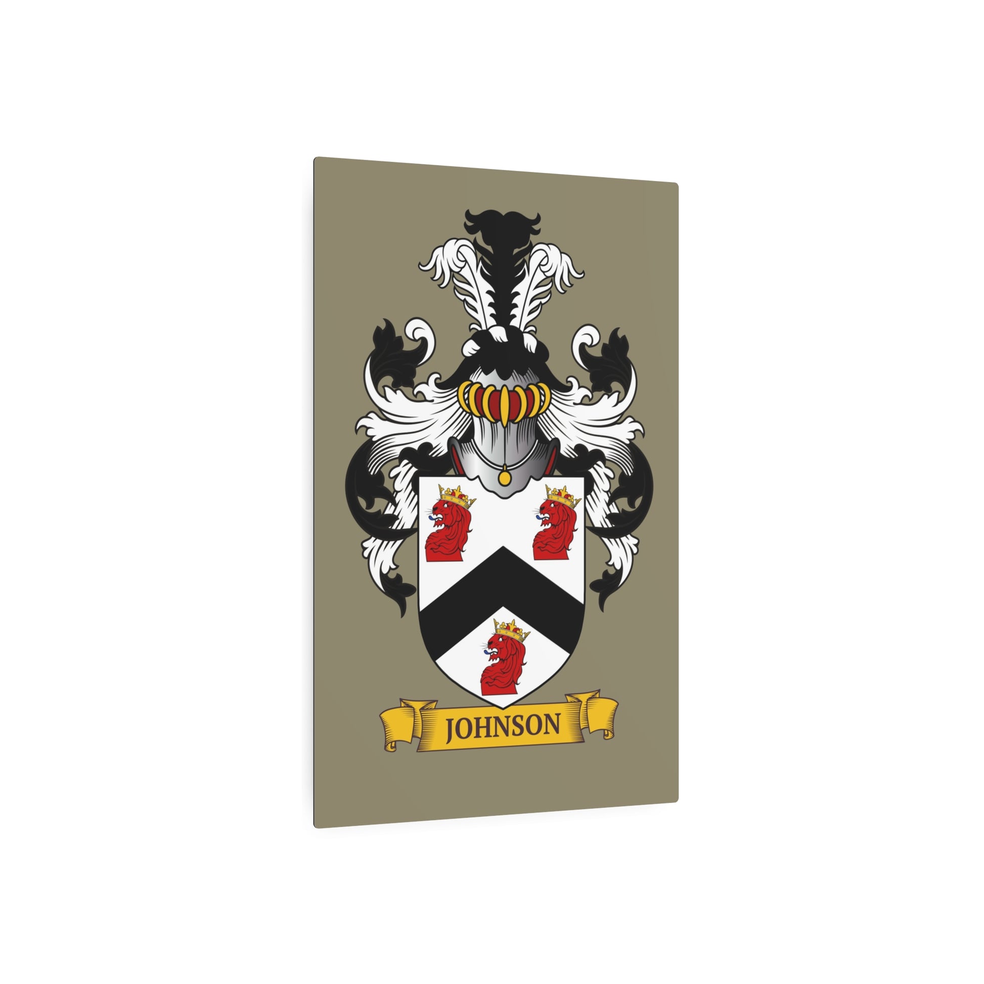 Beige metal print of a family crest,  on a white background