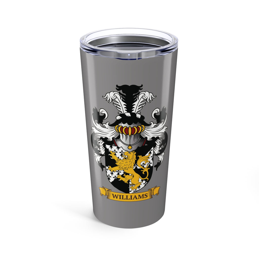 Gray tumbler with a family crest and 'Williams' last name on an antique scroll
