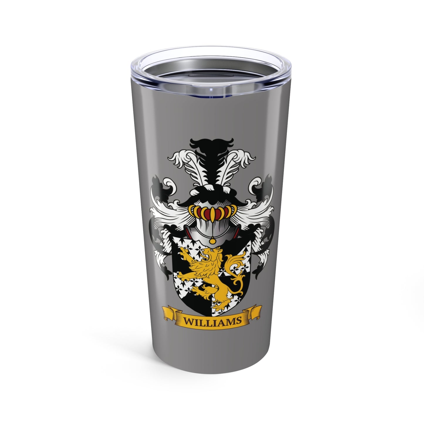 Gray tumbler with a family crest and 'Williams' last name on an antique scroll
