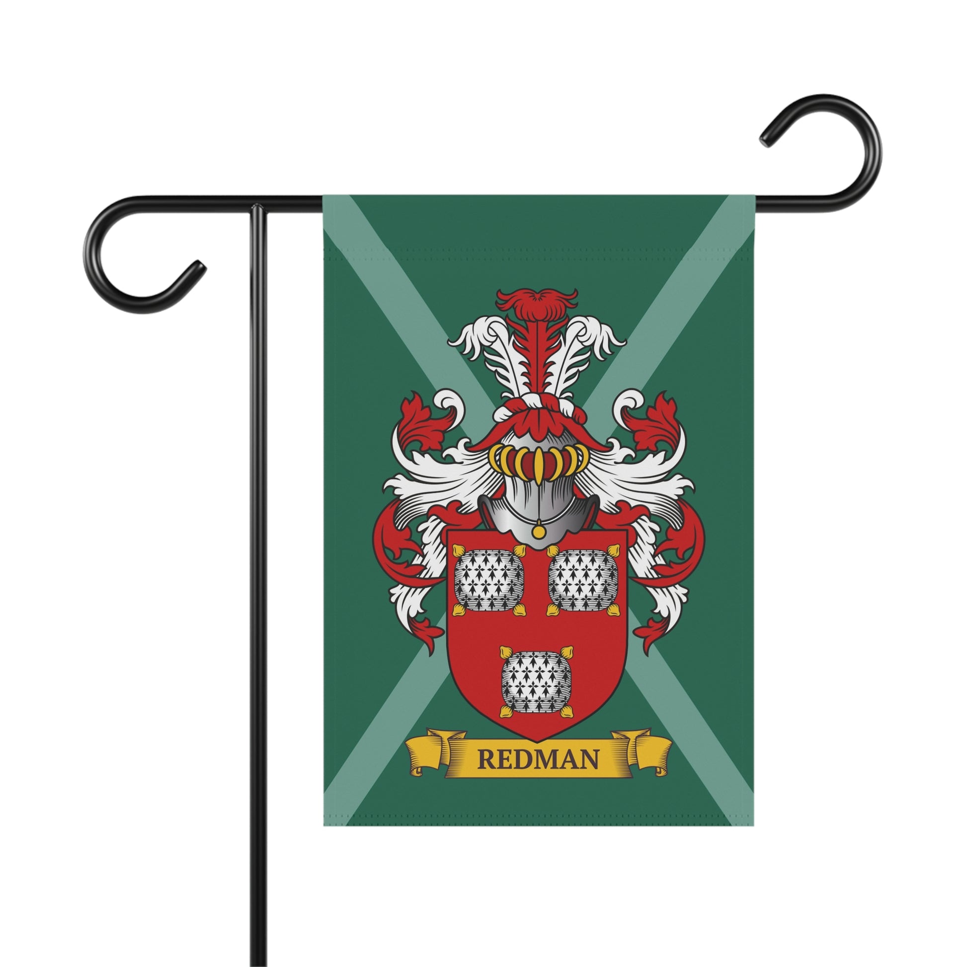 Decorative garden flag personalized with a family crest and the name on a green background.