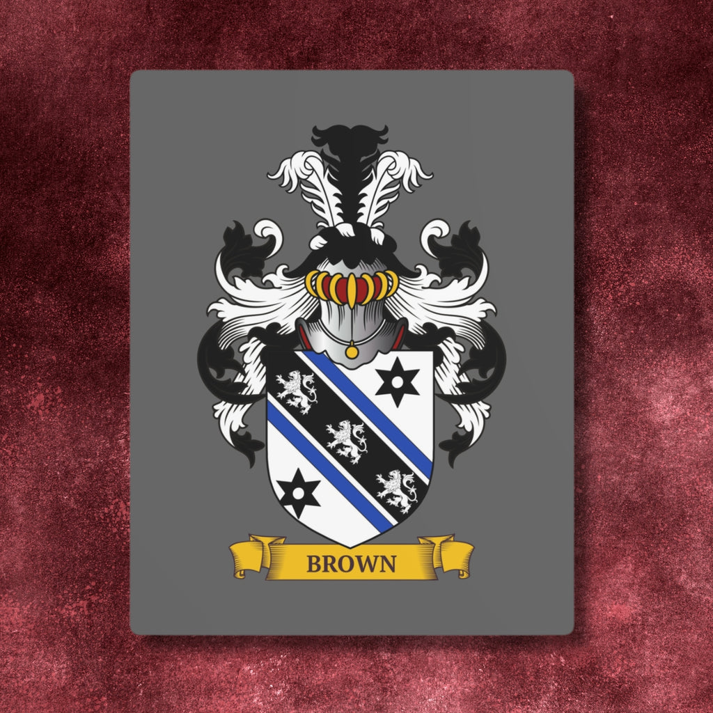 Personalized gray metal print with a Family crest on a burgundy background