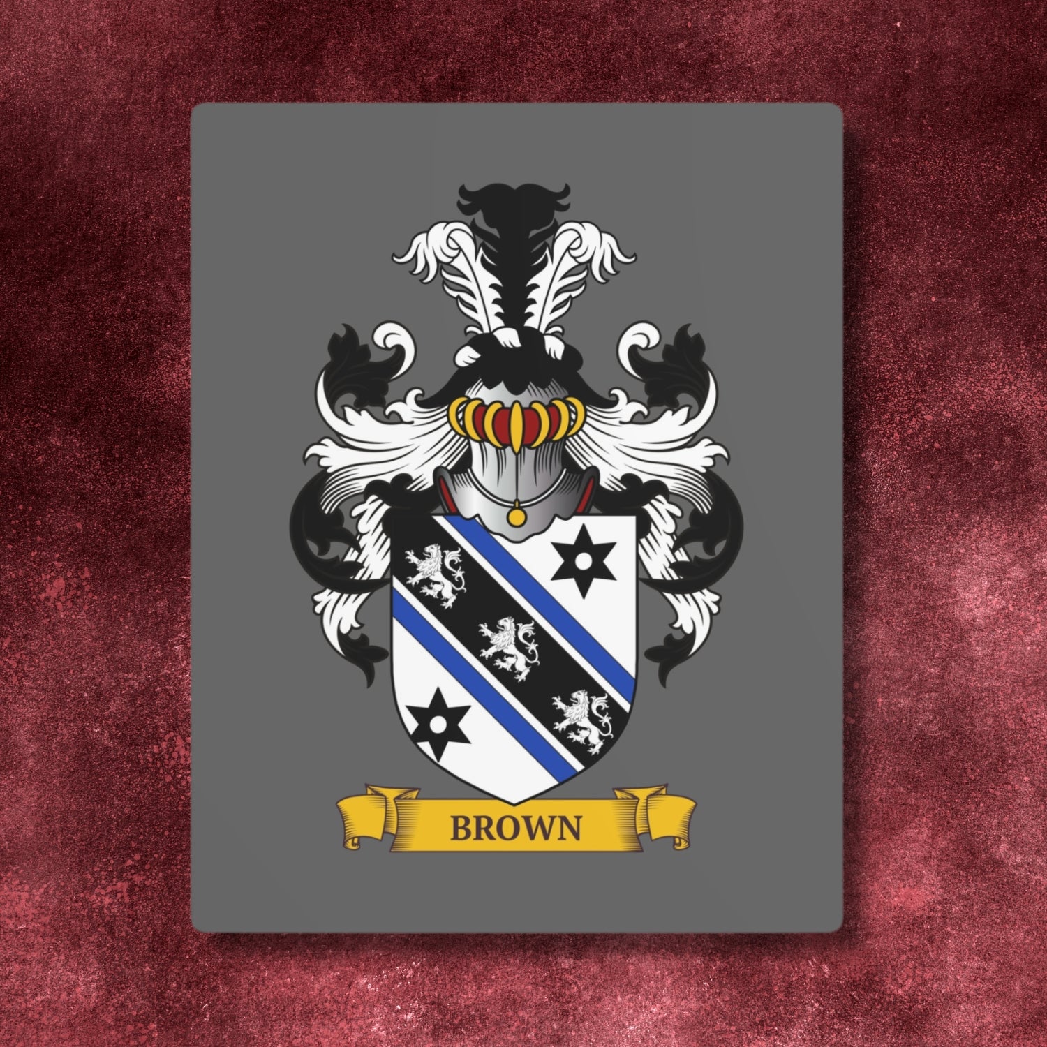 Personalized gray metal print with a Family crest on a burgundy background