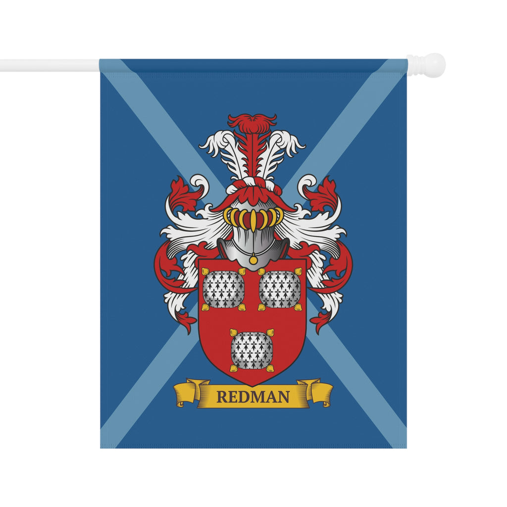Blue Flag with a red and white coat of arms on a blue background