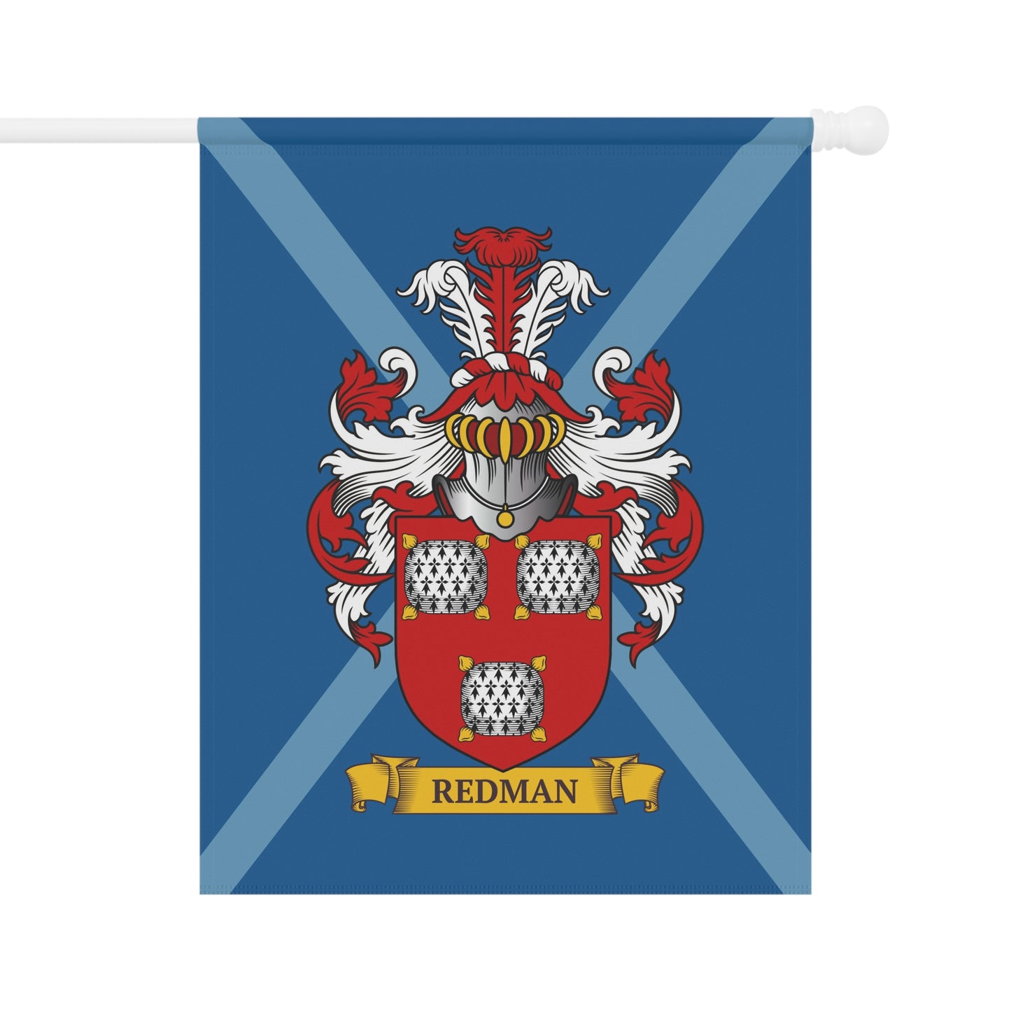 Blue Flag with a red and white coat of arms on a blue background