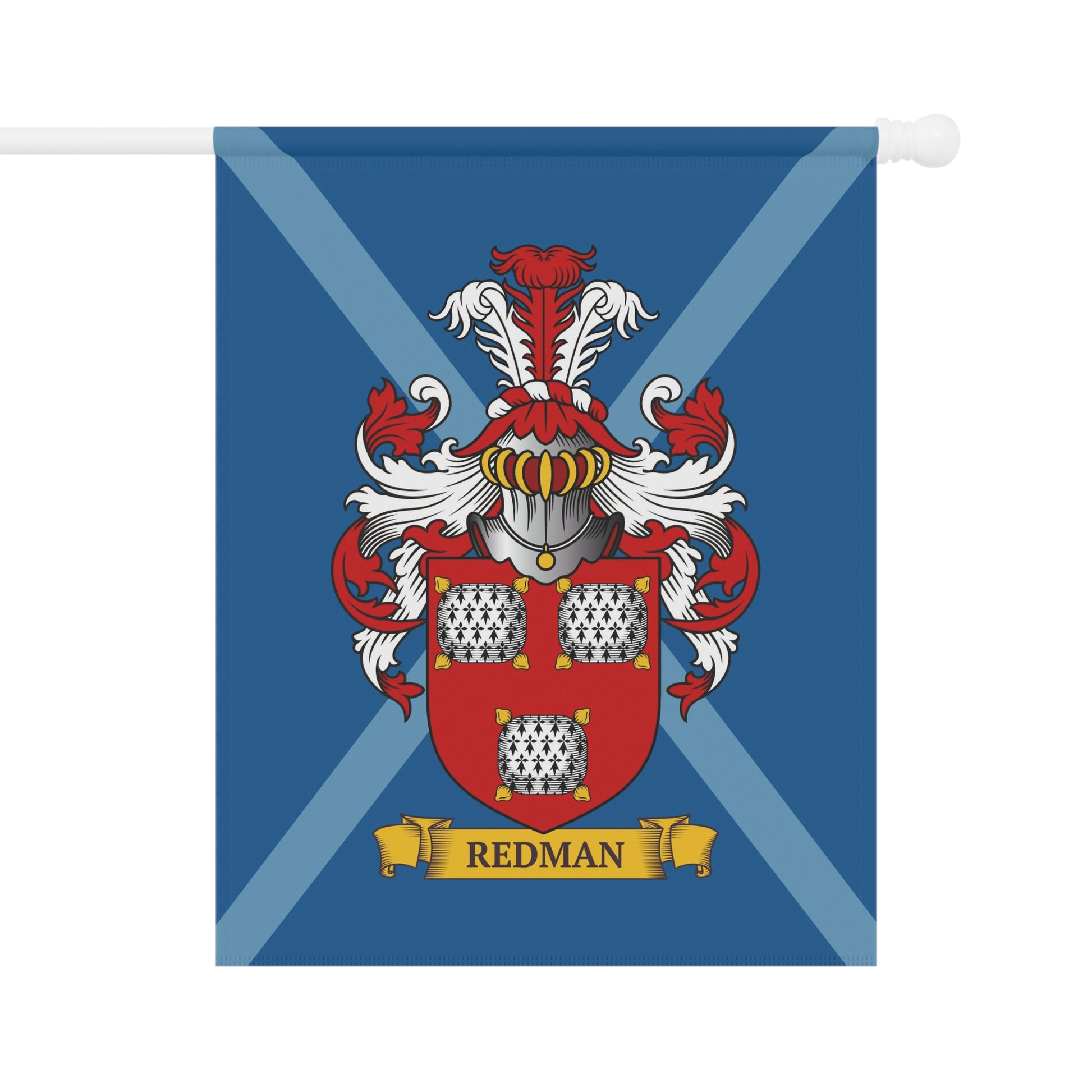 Blue Flag with a red and white coat of arms on a blue background