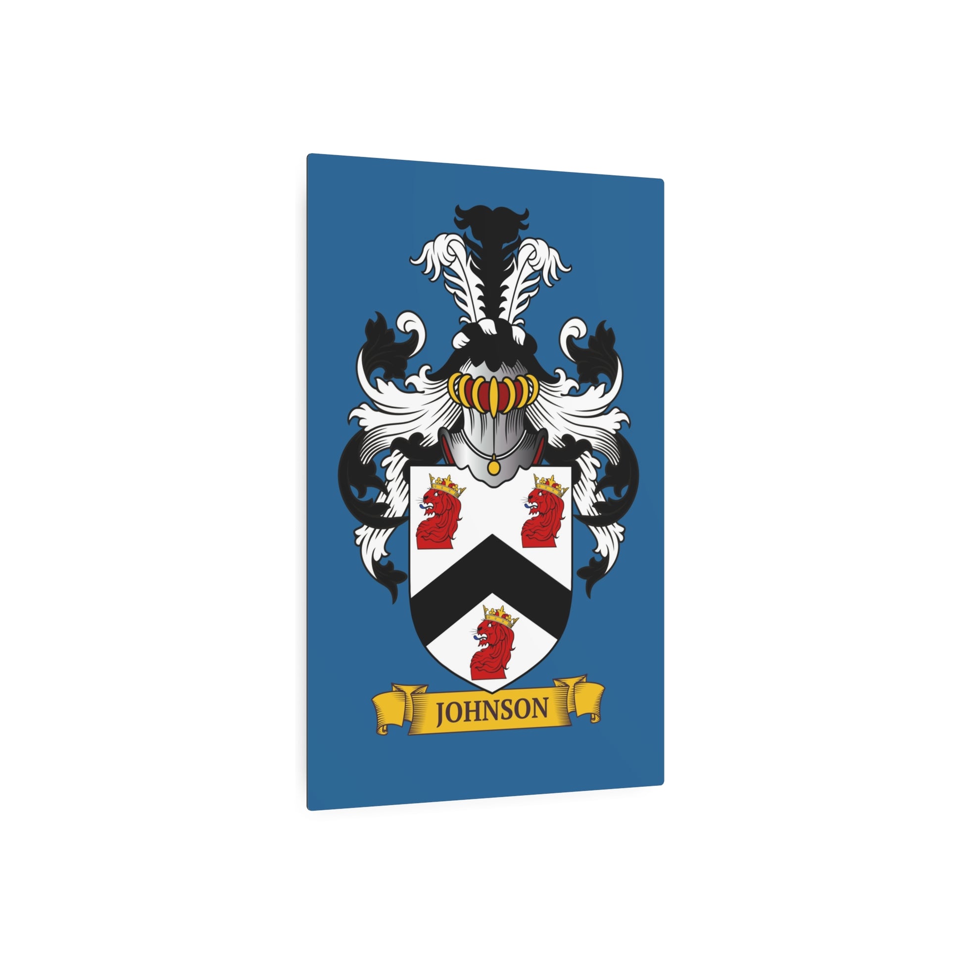 Personalized blue metal print of a family crest, on a white background.