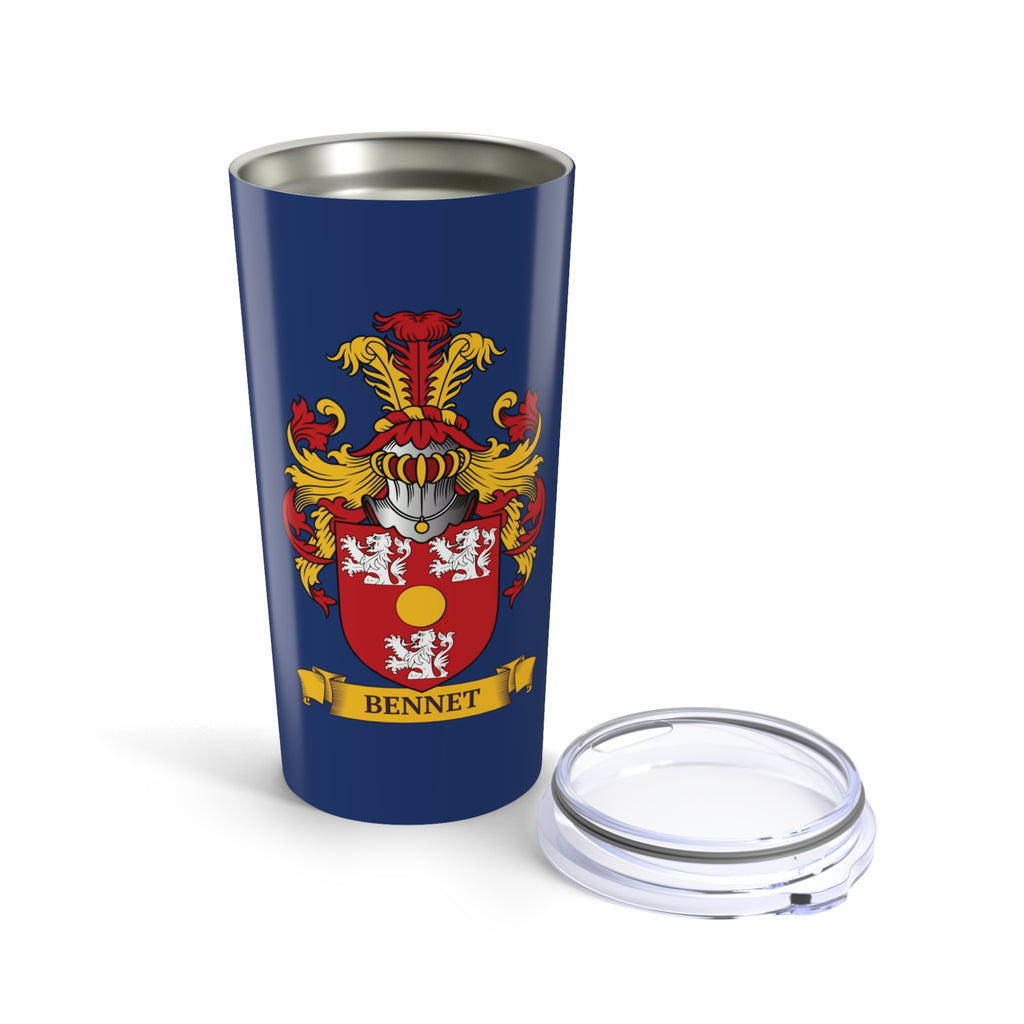 Tumbler with a family crest design and 'Bennet' last name on a scroll