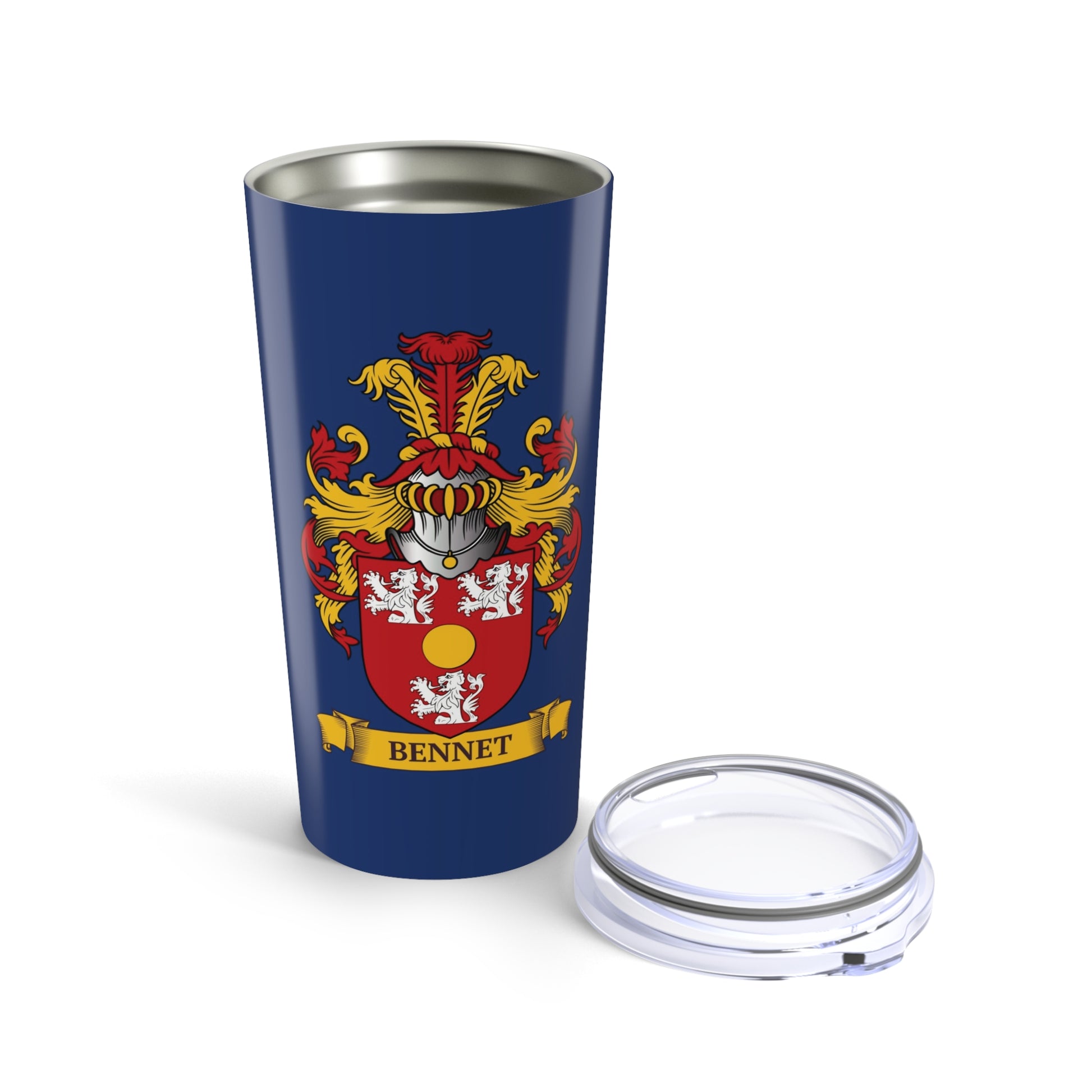 Tumbler with a family crest design and 'Bennet' last name on a scroll