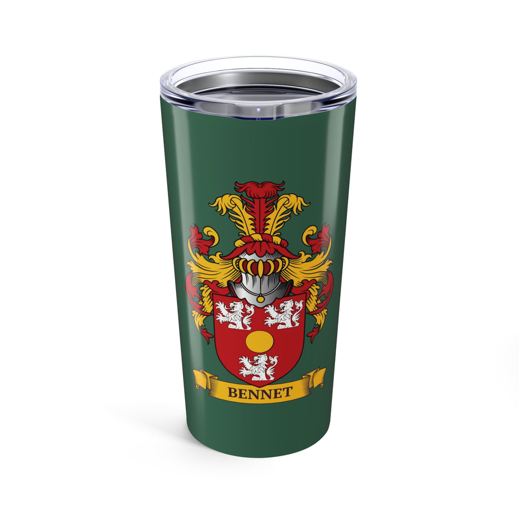 Green tumbler with a coat of arms design and 'Bennet' last name on a scroll