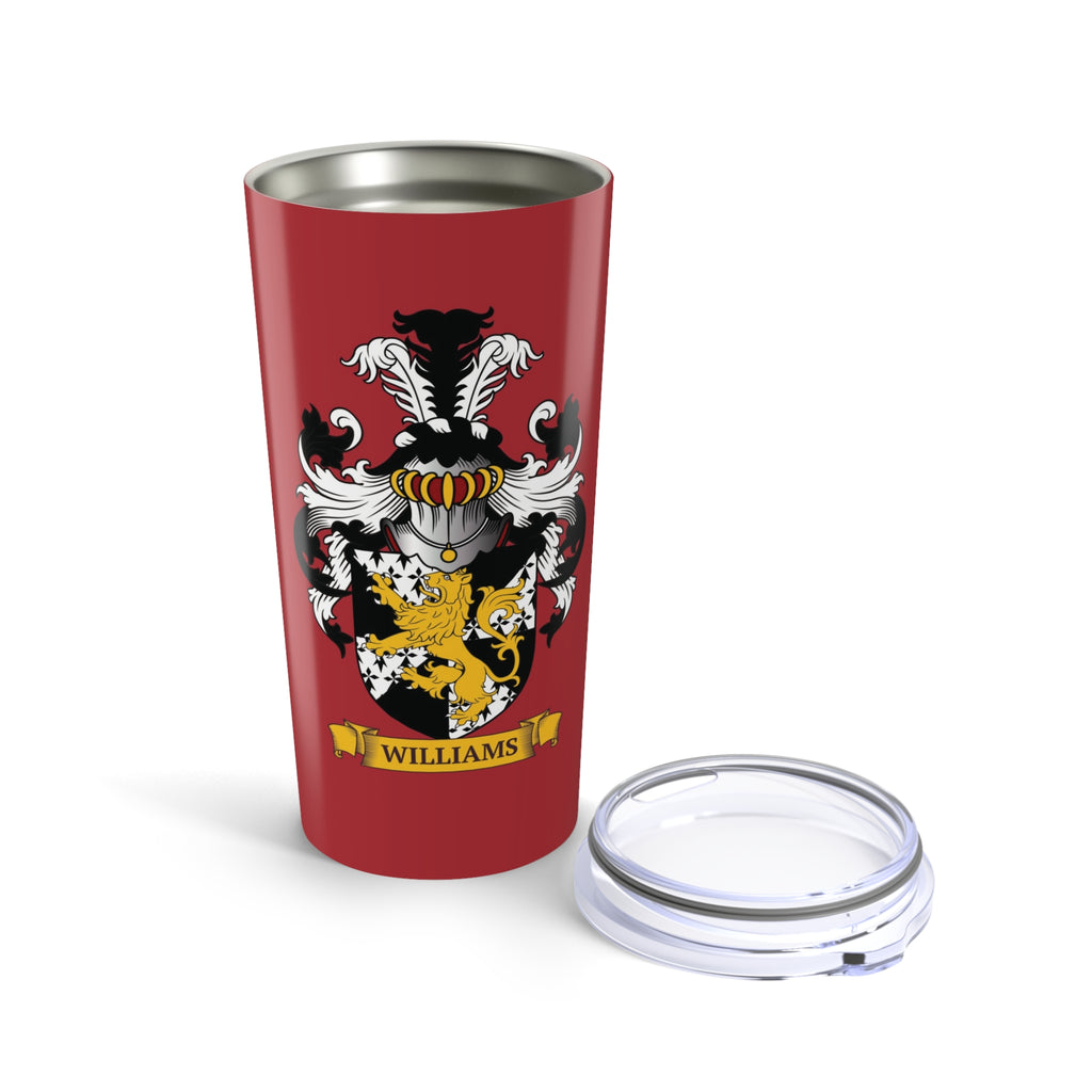 Red tumbler with a family crest design and 'Williams' last name on a scroll