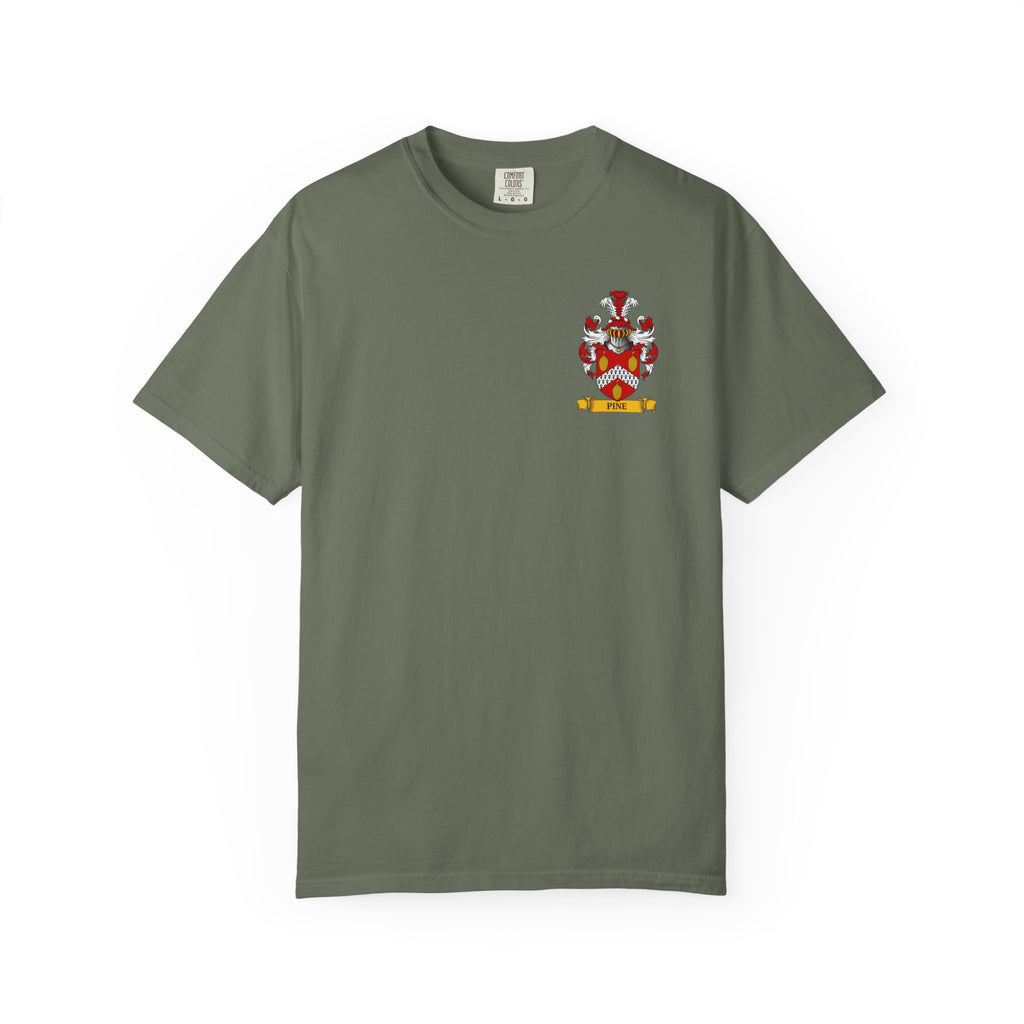 Garment-Dyed Green t-shirt with a family crest on a white background