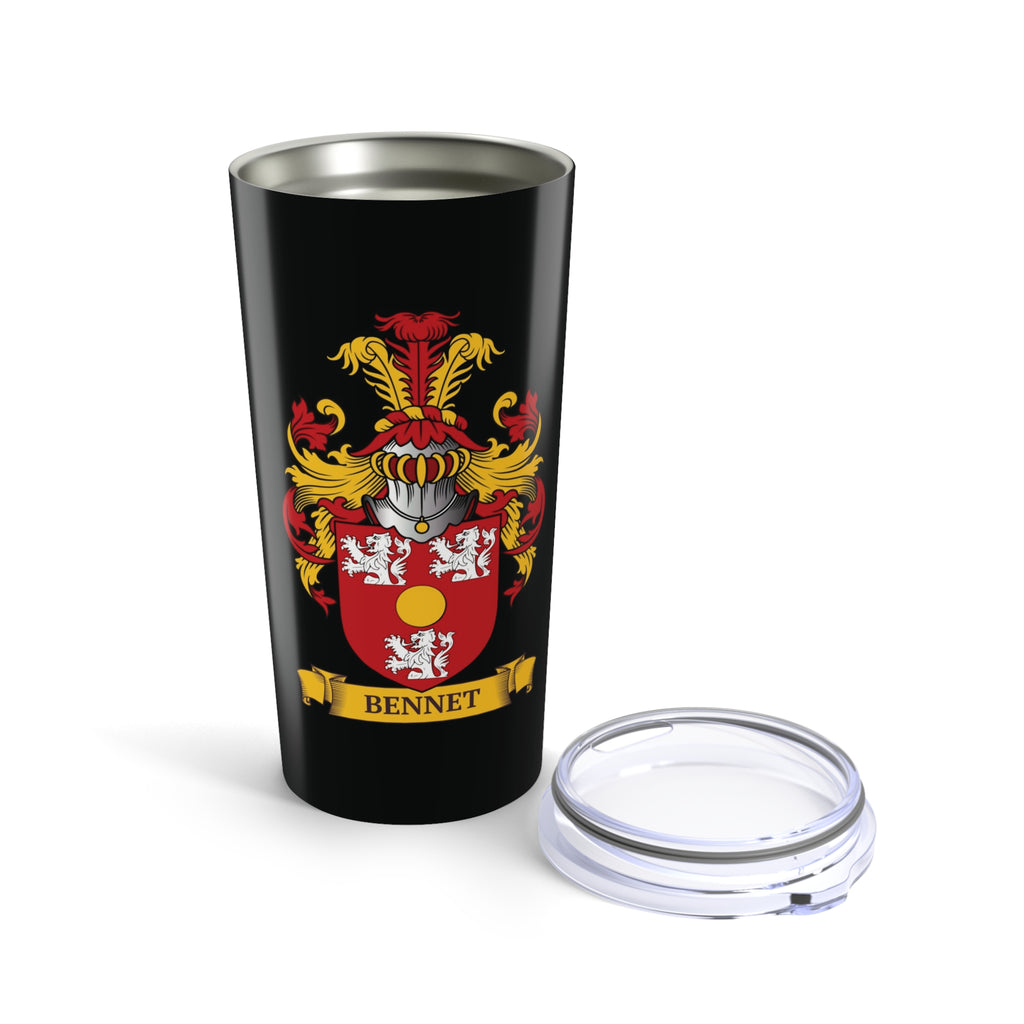 Black tumbler with a family crest design featuring the last name 'Bennet' on a family scroll