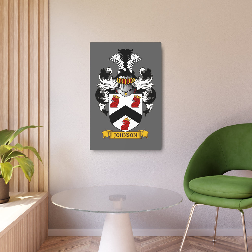 Customized gray metal print of a family crest, in a modern interior setting.