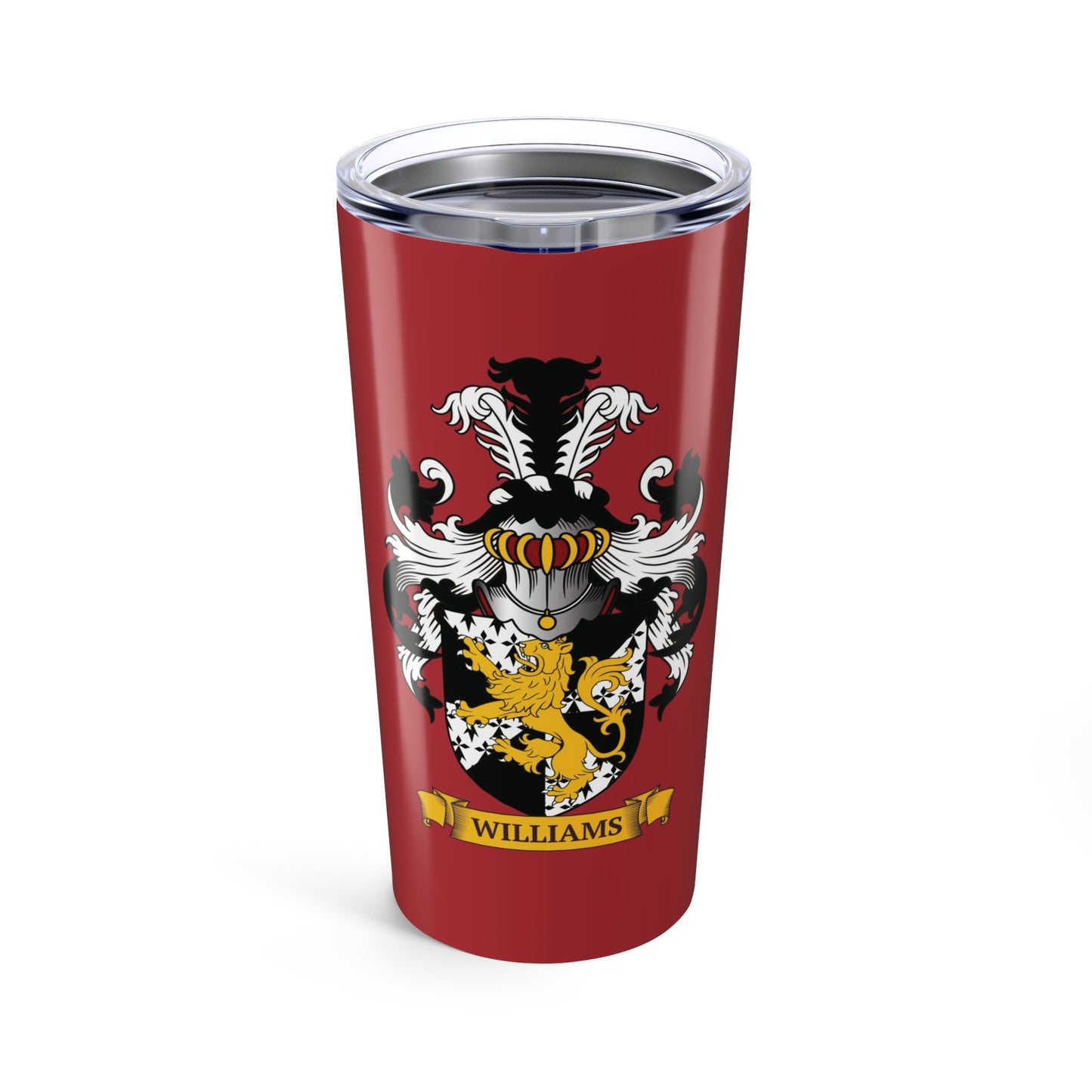 Red tumbler with a coat of arms design and 'Williams' text on a white background
